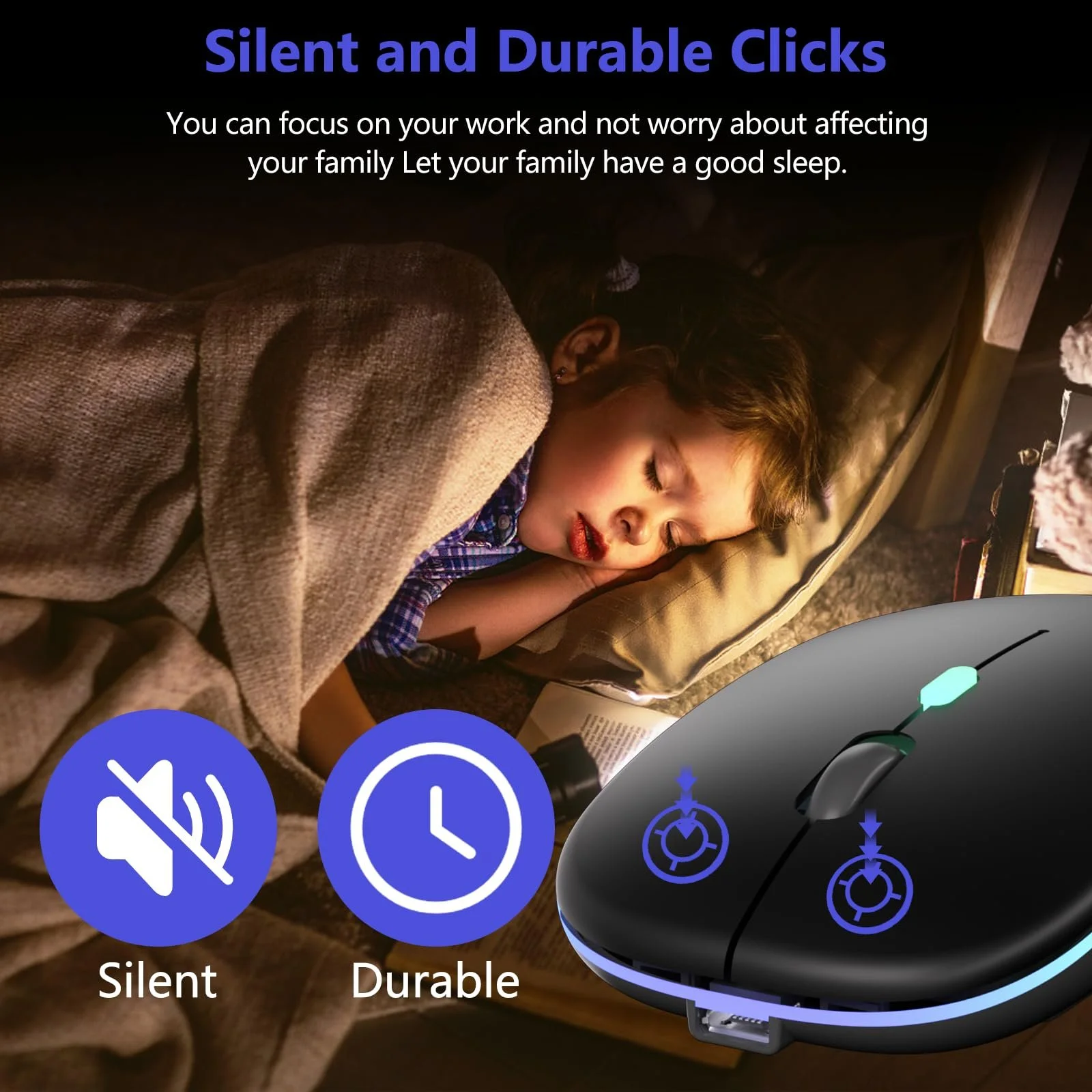 Мышь Беспроводная BQSS 2.4 GHz USB ресивер 1600 DPI оптическое отслеживание тихие нажатия перезаряжаемая LED черная, фото №4