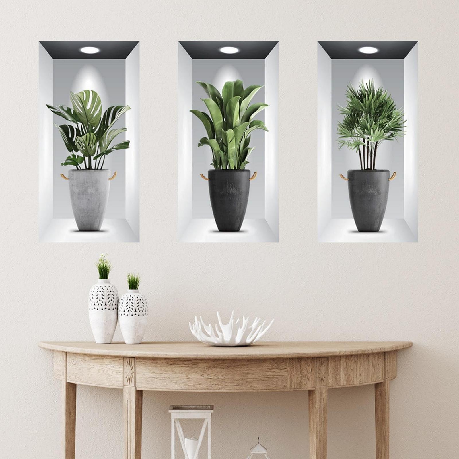 Набор наклеек на стену 3 шт. 3D Green Potted Plant Waterproof Wall Art 3D Plant Living Room Bedroom Bathroom Kitchen Office Decor 30 x 60 см, фото №3
