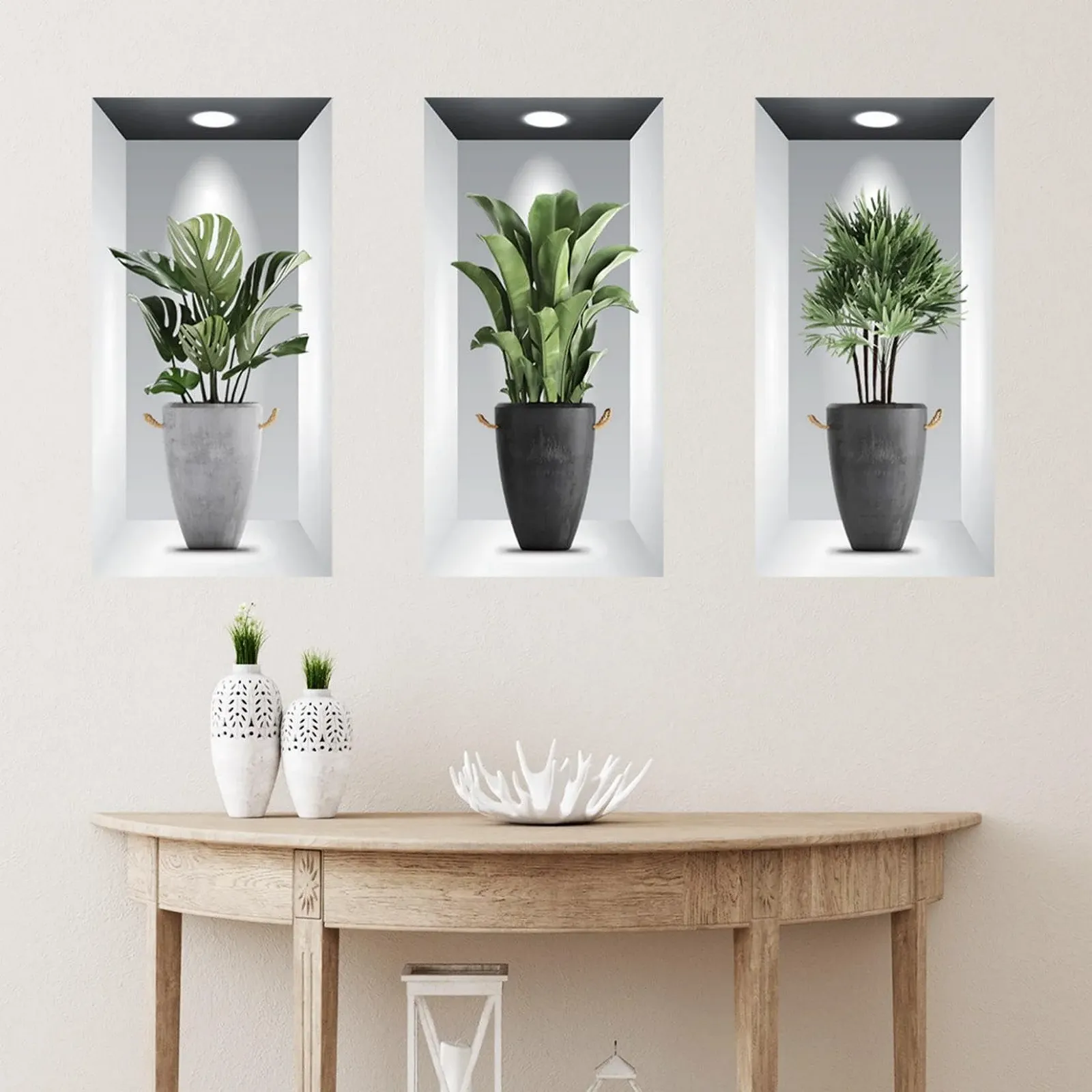 Набор наклеек на стену 3 шт. 3D Green Potted Plant Waterproof Wall Art 3D Plant Living Room Bedroom Bathroom Kitchen Office Decor 30 x 60 см, фото №3