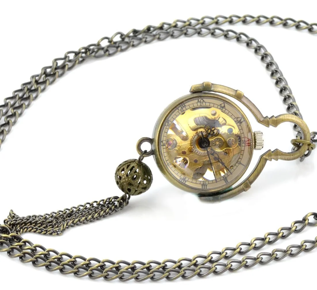 Механические карманные часы с ручным заводом Infinity U Fashion Retro с кулоном-шариком, цепочкой-скелетоном, ожерельем-свитером, бронзовые, антикварные, фото №4