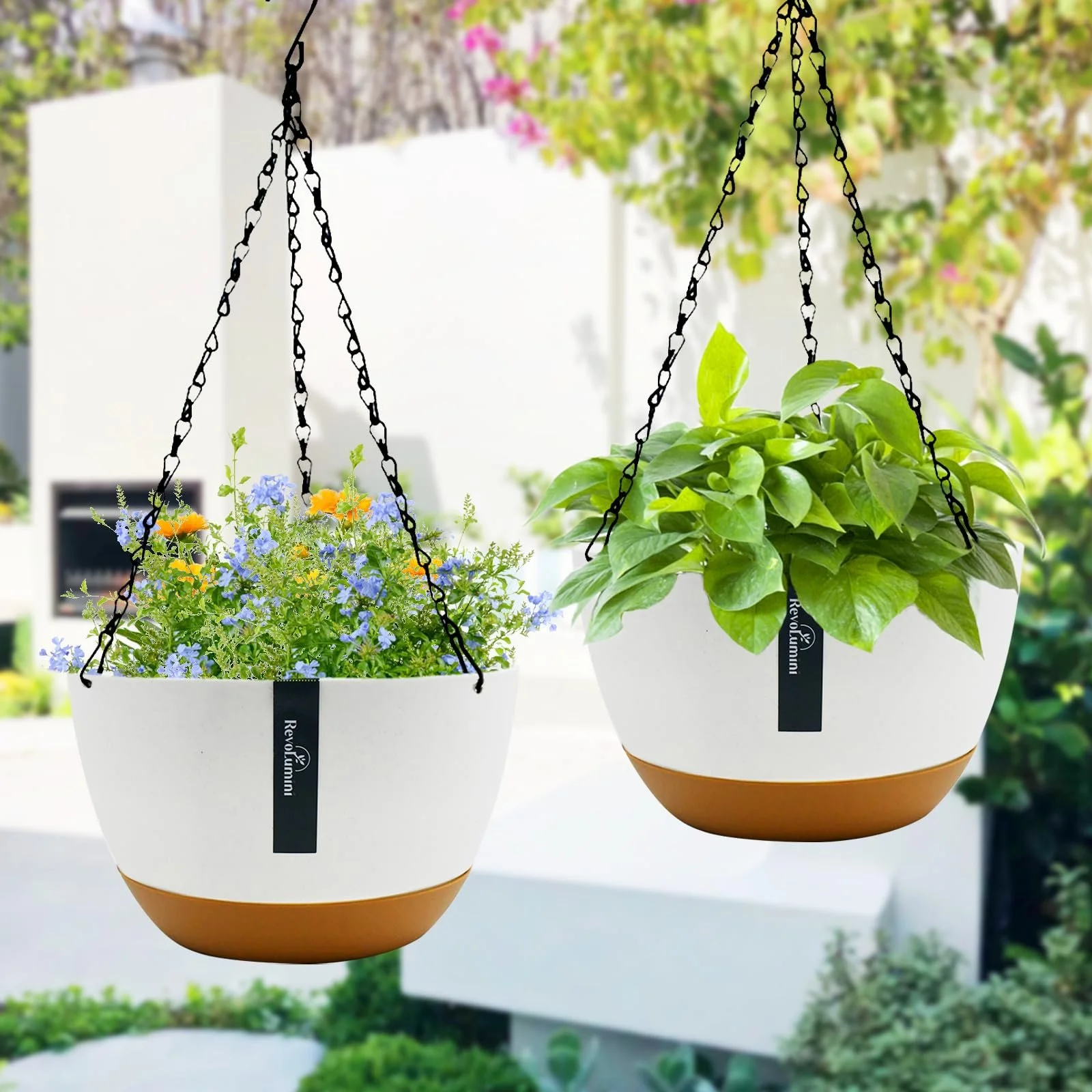 Підвісний квітковий горщик 21 см з ланцюжками, дренажними отворами та піддоном, набір 2 шт., фото №3