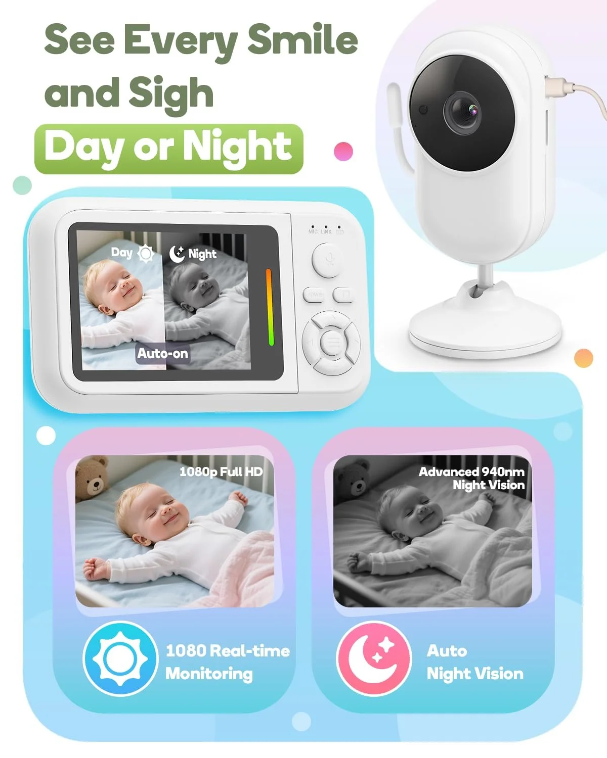 Відеоняня з кліпсою та підставкою 2.8 дюйма 1080P Night Vision VOX 2-Way Audio 32 GB SD, фото №3 Відеоняня з кліпсою та підставкою 2.8 дюйма 1080P Night Vision VOX 2-Way Audio 32 GB SD, фото №3
