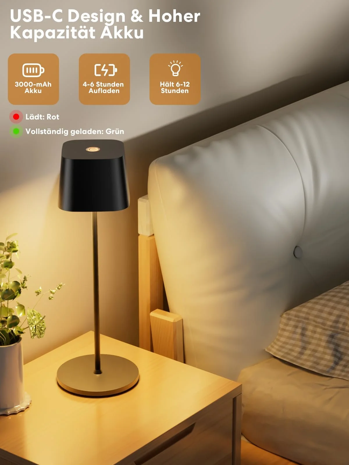 Настільна лампа Wireless Rechargeable 3 кольори (3000-6000 К) LED димована IP54 алюмінієва Чорна, фото №4