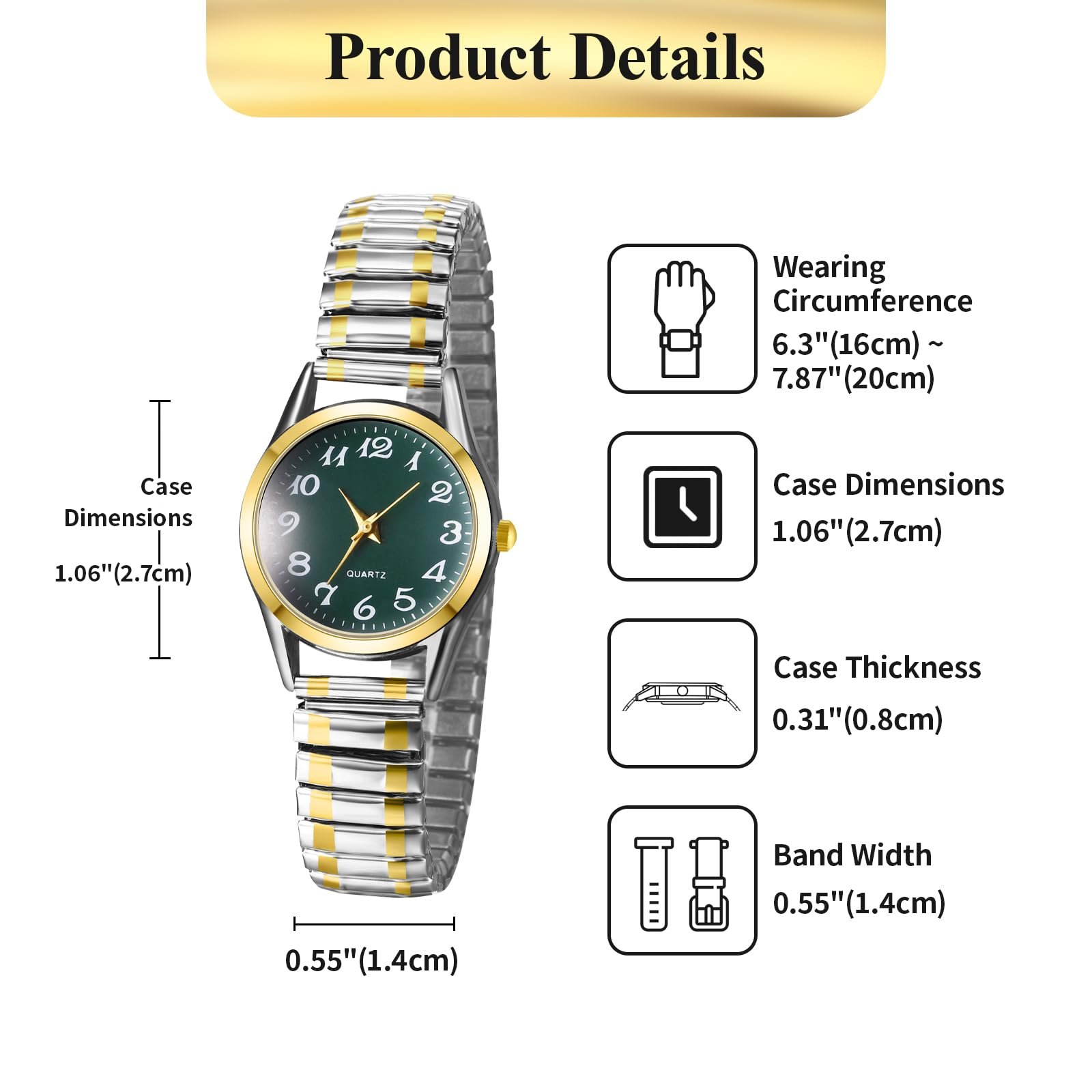 Женские часы Браслет из нержавеющей стали JewelryWe Кварцевые Аналоговые Золотые Серебряные с эластичным браслетом и большими зелеными цифрами, фото №2