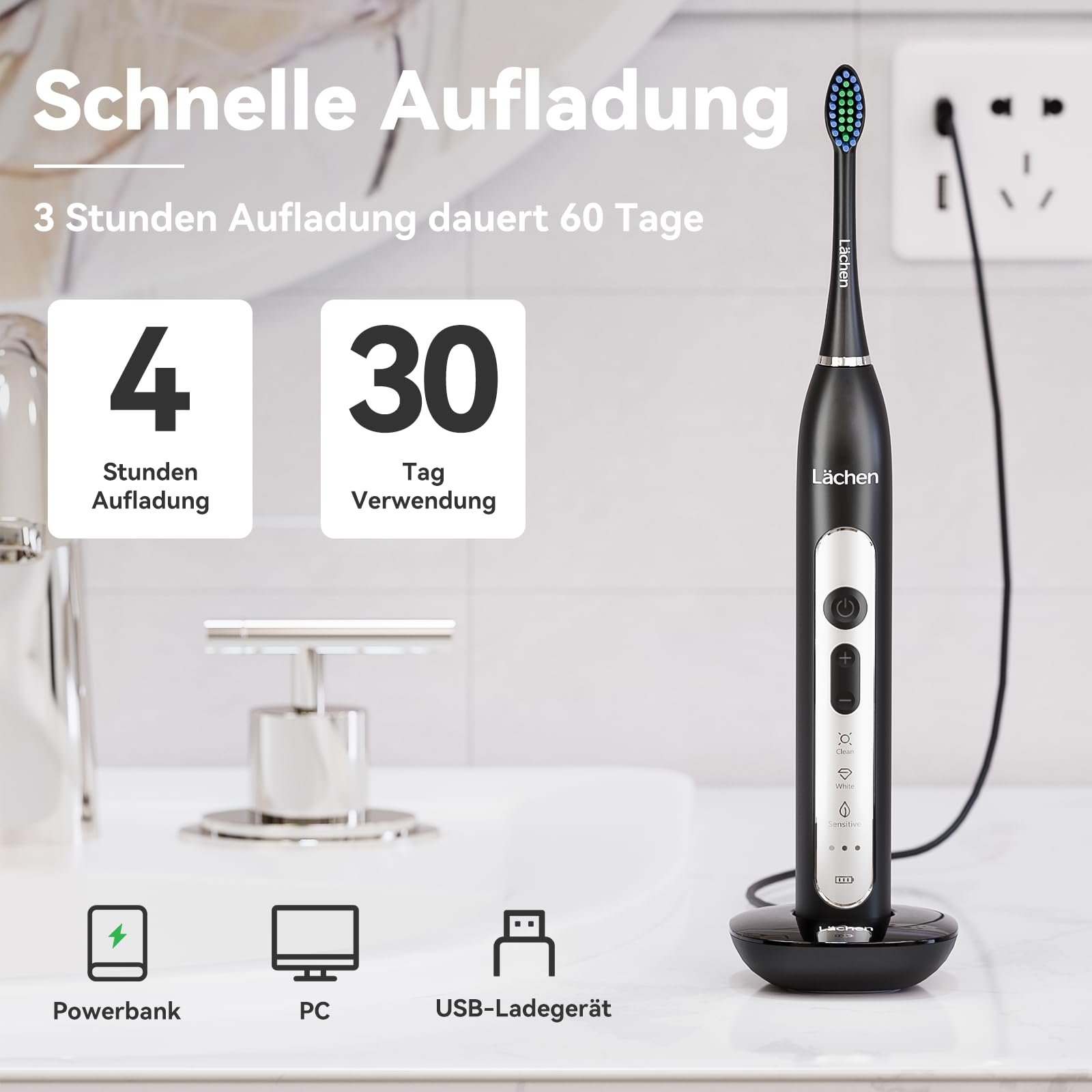 Електрична звукова зубна щітка Lächen з 4 насадками та таймером Чорна B-Black, фото №7