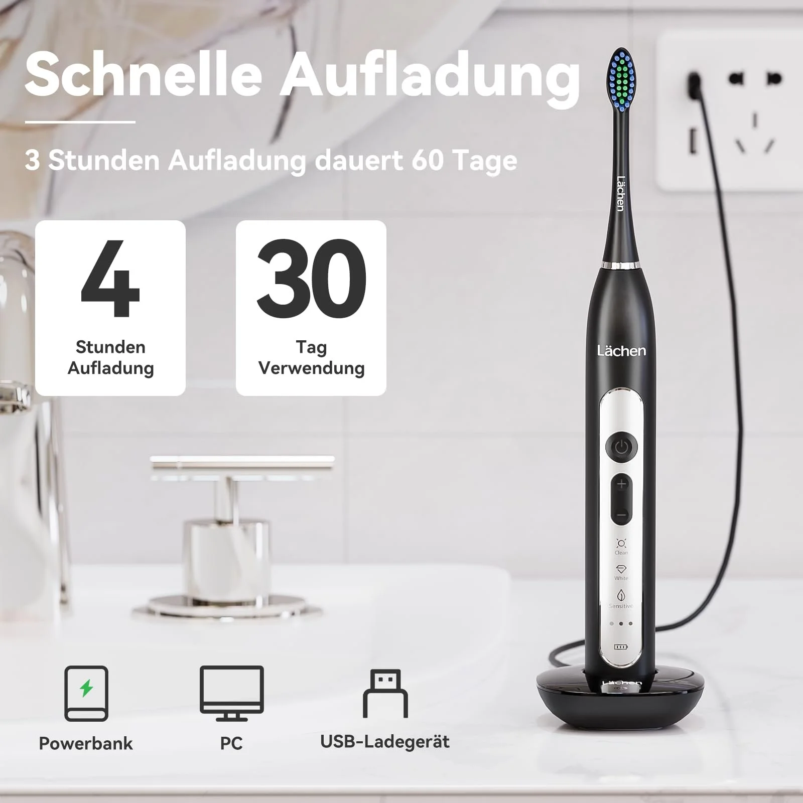 Электрическая звуковая зубная щетка Lächen с 4 насадками и таймером Чорная B-Black, фото №7