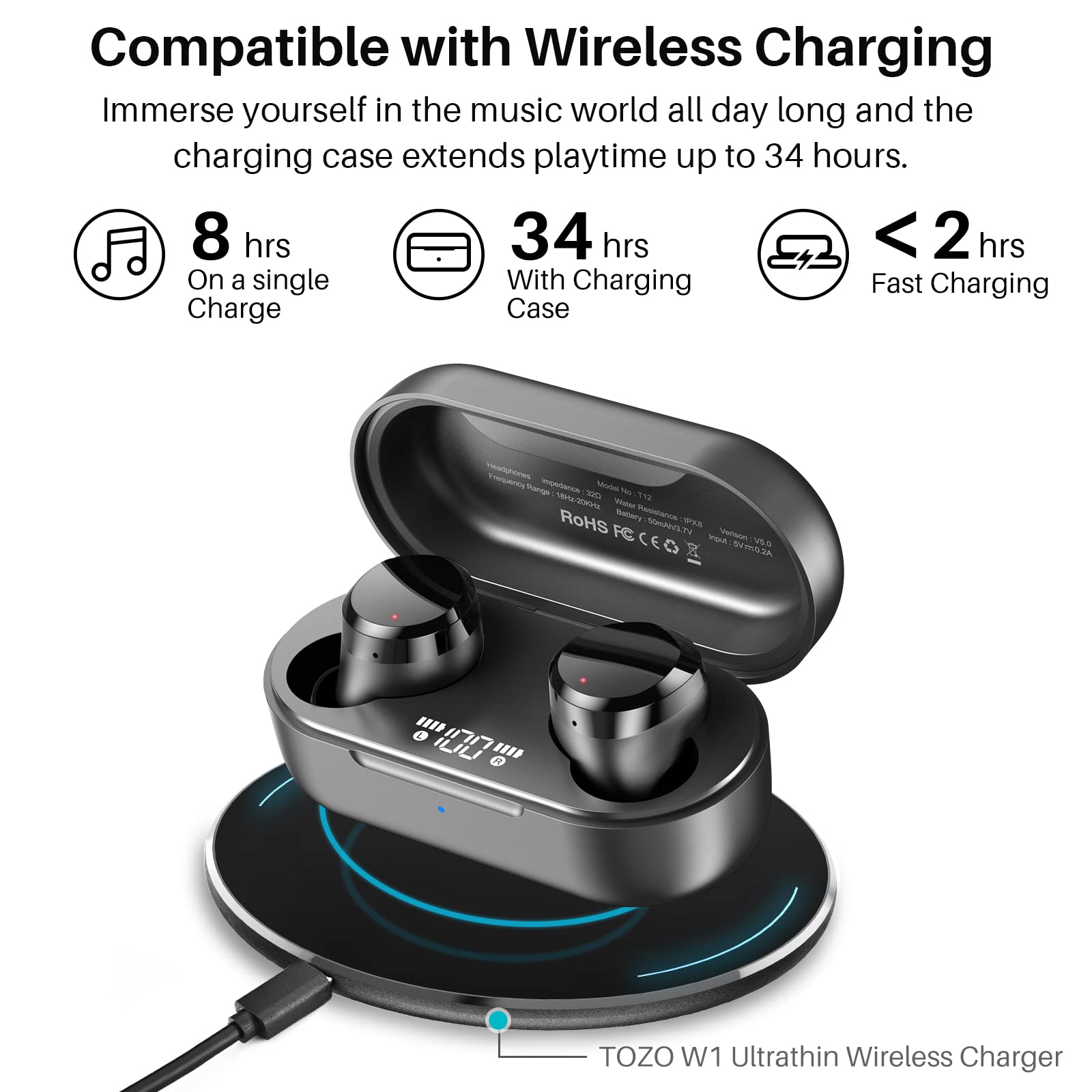 Наушники Tozo T12 Беспроводные Bluetooth с сенсорным управлением и беспроводным зарядным чехлом, цифровой LED-дисплей, IPX8, встроенный микрофон, глубокие басы для спорта, фото №5