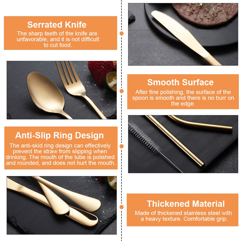 Набір столових приладів SNAGAROG 8 Piece Travel Cutlery з нержавіючої сталі та футляром, багаторазові прилади для походів, кемпінгу, пікніків, рожеве золото, фото №3