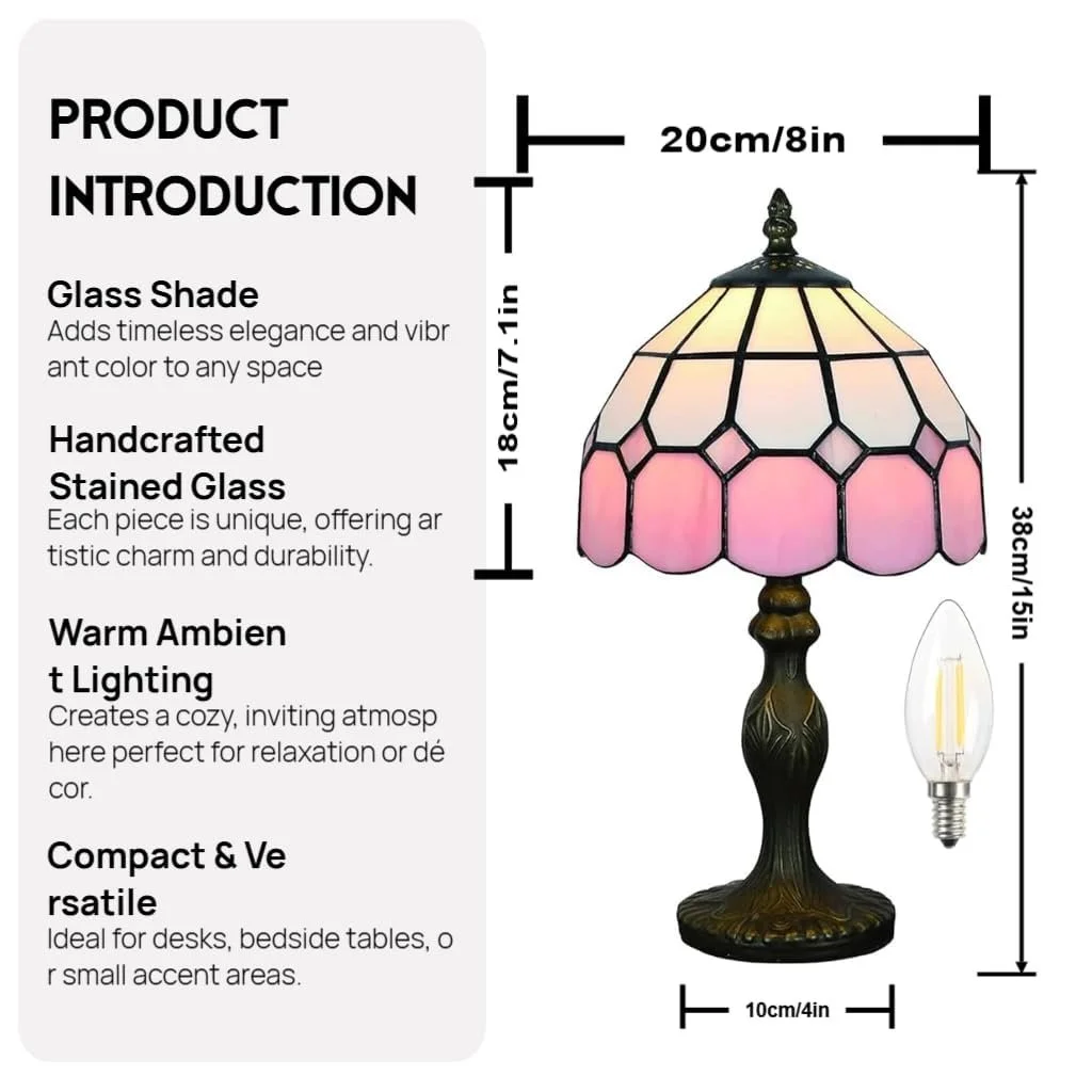 Настільна лампа Tiffany Style Vintage 8" з вітражним склом LED Pink, фото №3
