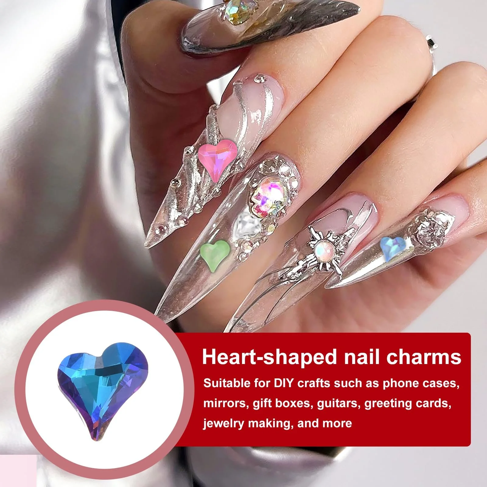 3D Шарм для нігтів QUARKZMAN Прикраса для нігтів Серце Кристали 8 x 9 мм Блакитний, фото №4