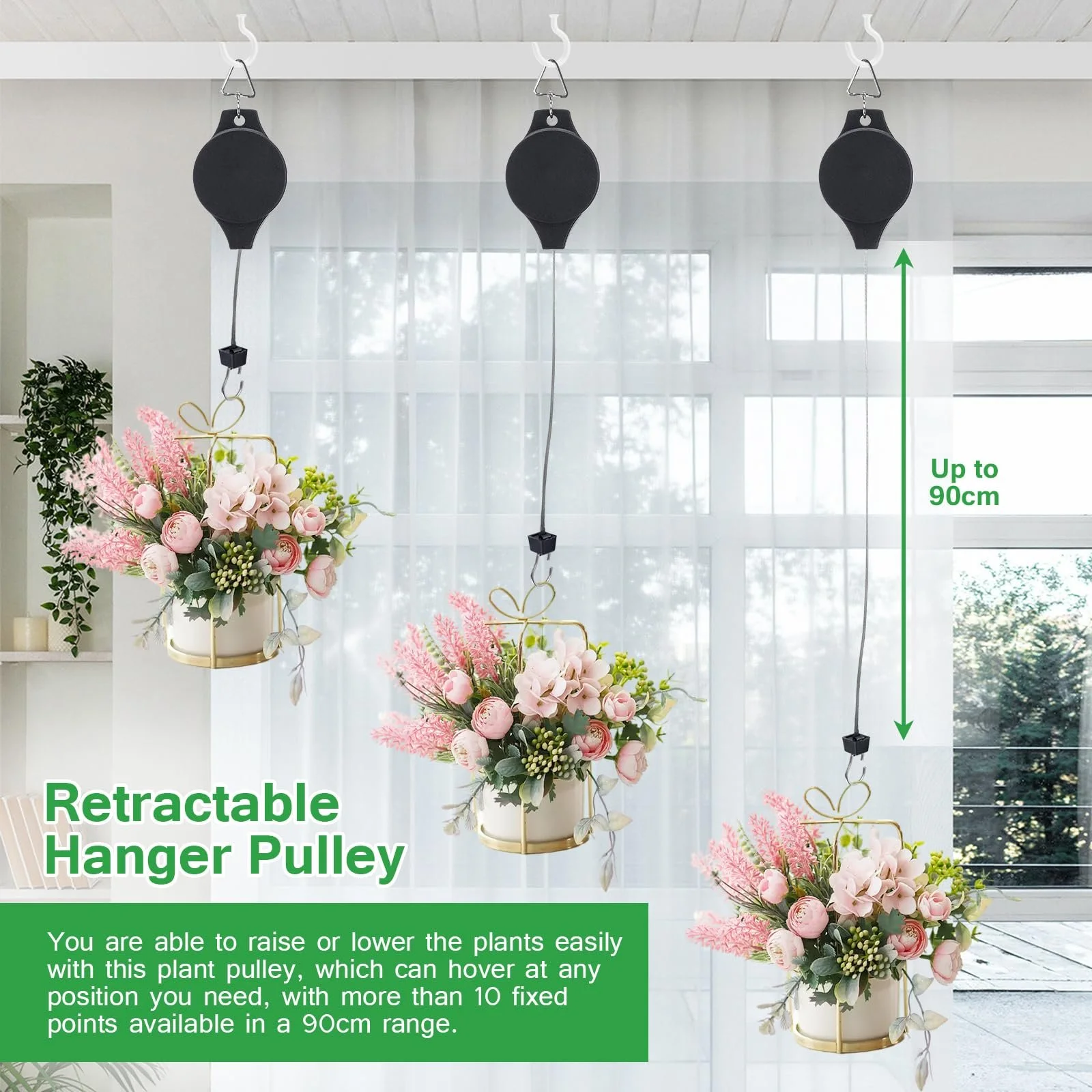 Роликовий гачок для рослин 4 шт. Висувний Тримач для підвісних кошиків Садовий, фото №5