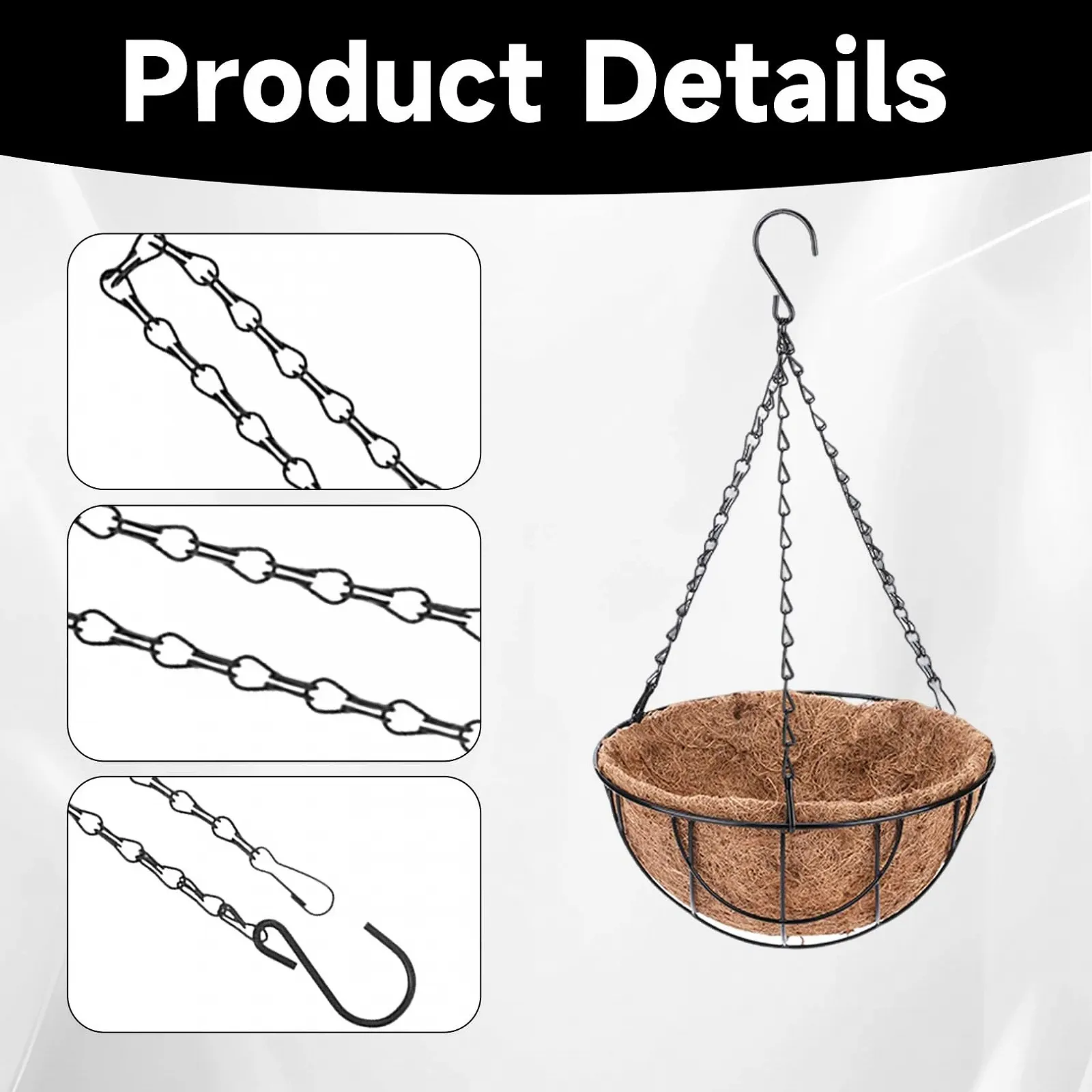 Набір ланцюгів для підвісних кошиків 4 шт. 50 см Метал Чорний з гачками та карабінами, фото №3