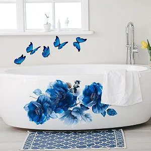 Наклейка на стіну Blue Floral Butterfly Romantic Flower Botanical Vinyl Блакитна synthetic.ua - Фото 1
