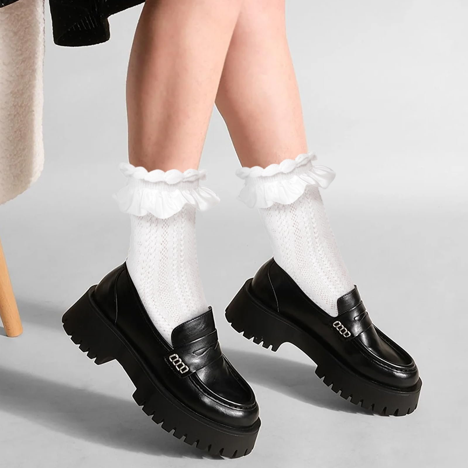 Носки с рюшами Mabor Белые, 3 пары Мягкие носки с рюшами, Женские носки из гребенного хлопка с кружевом, Милые носки принцессы Лолиты для девочек, фото №6