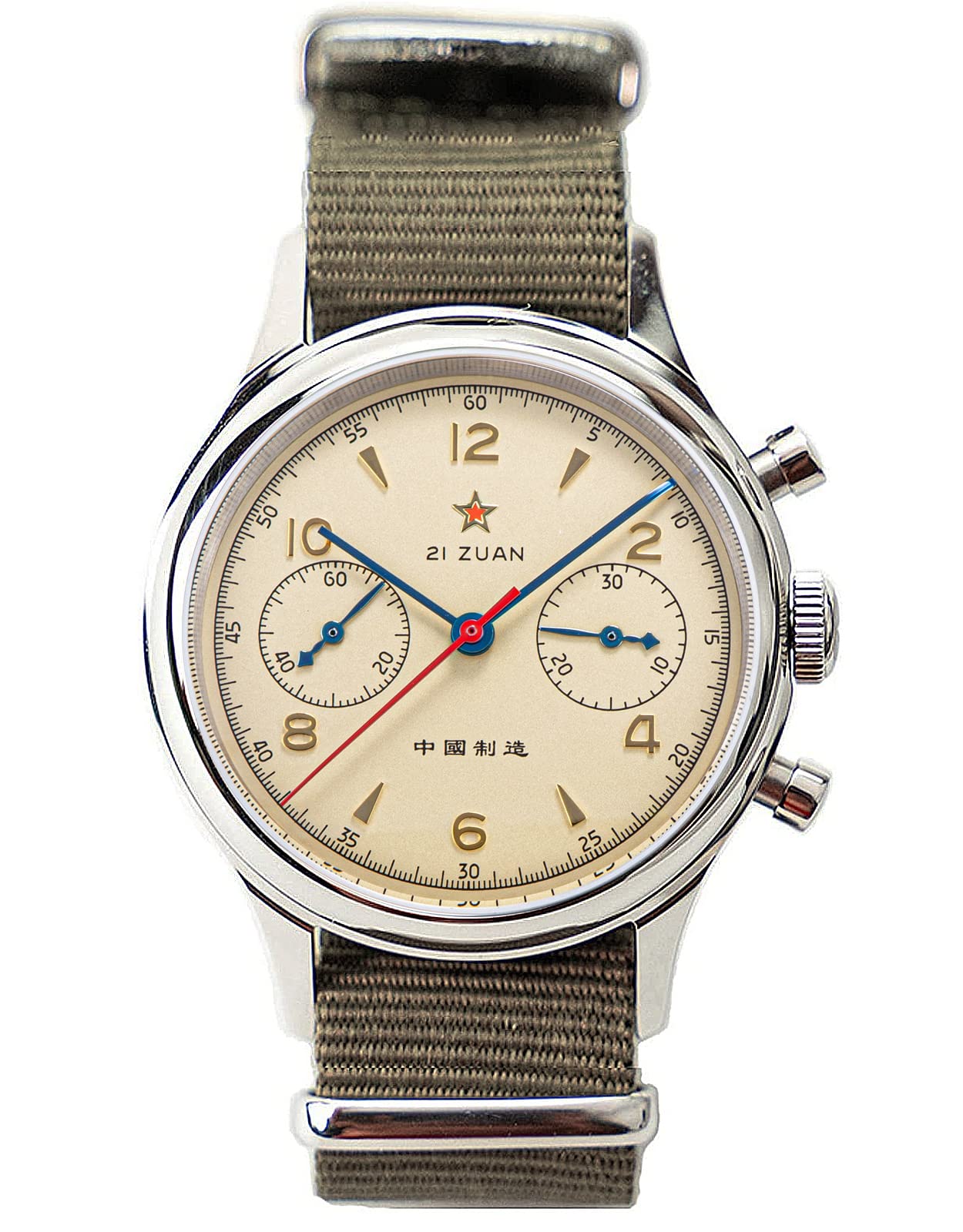 Чоловічі годинники Seagull 1963 SU1963BNX 38 мм хронограф пілота ST1901 сапфірове скло додатковий коричневий шкіряний ремінець зелений, фото №1