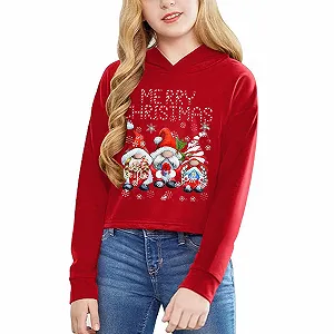 Рождественский свитшот для девочек, детский, повседневный, свободный, активный, с длинными рукавами, худи, свитшоты с коротким пуловером, буквенный принт, полосатые подростковые кроп-топы, топы для девочек synthetic.ua - Фото 1