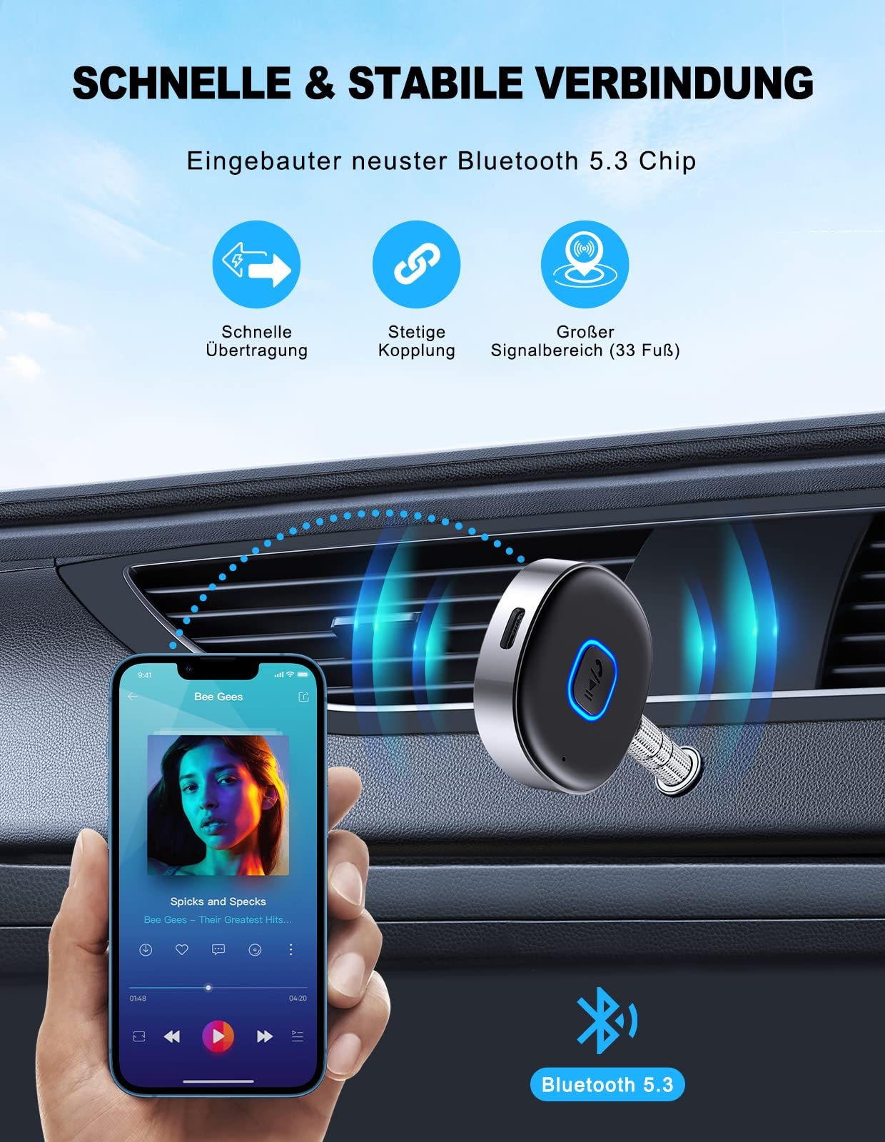 AUX Bluetooth адаптер Mohard для автомобиля, беспроводной Bluetooth 5.3 приемник для домашней стереосистемы/проводных наушников, Bluetooth адаптер AUX 3.5 мм, автомобильный эквалайзер, двойное подключение, 16 часов воспроизведения, фото №6