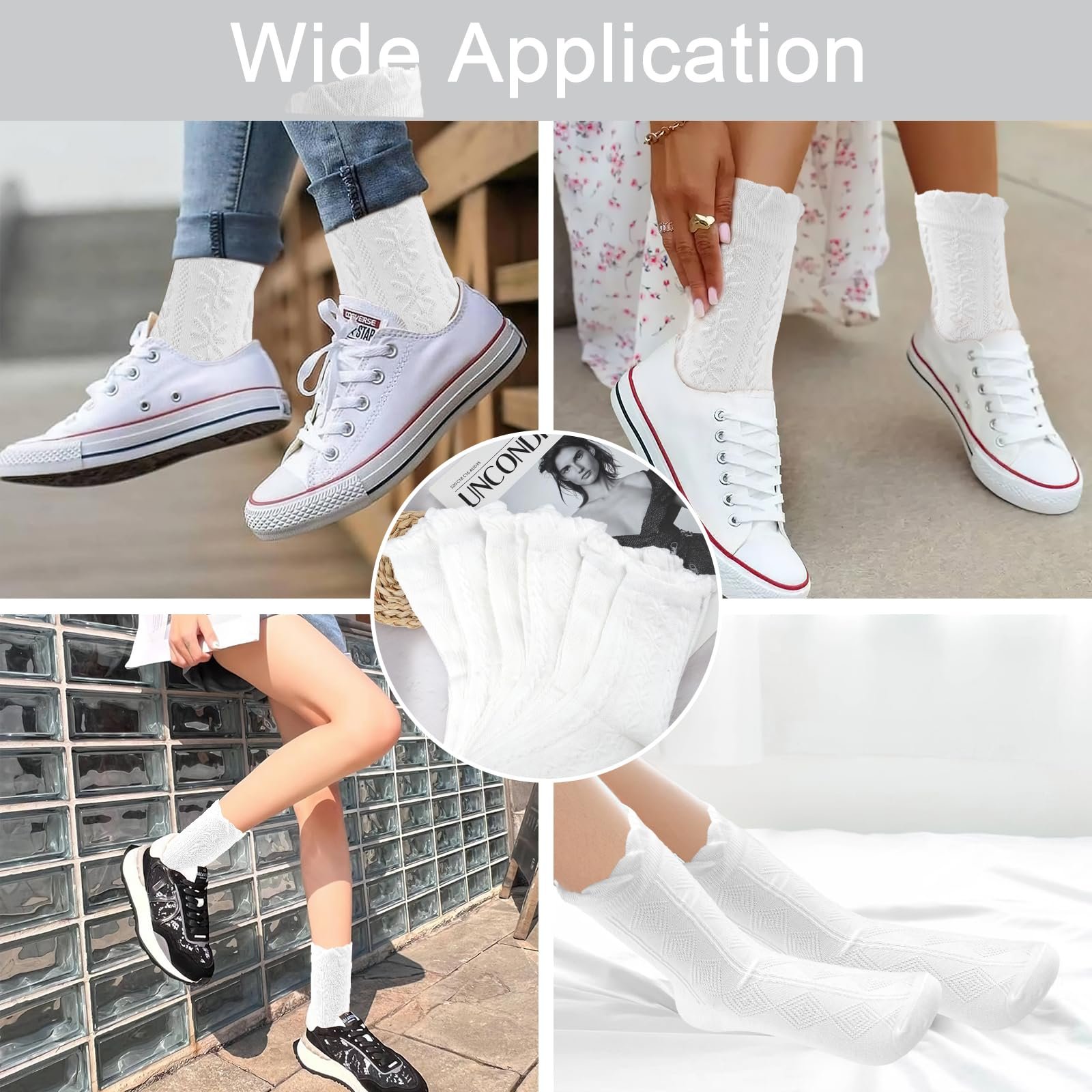 Набор носков с оборками, 6 пар Белые хлопковые носки с оборками для женщин, Удобные носки с оборками средней высоты, Мягкие дышащие трикотажные носки с ромбовидным и цветочным узором, фото №6