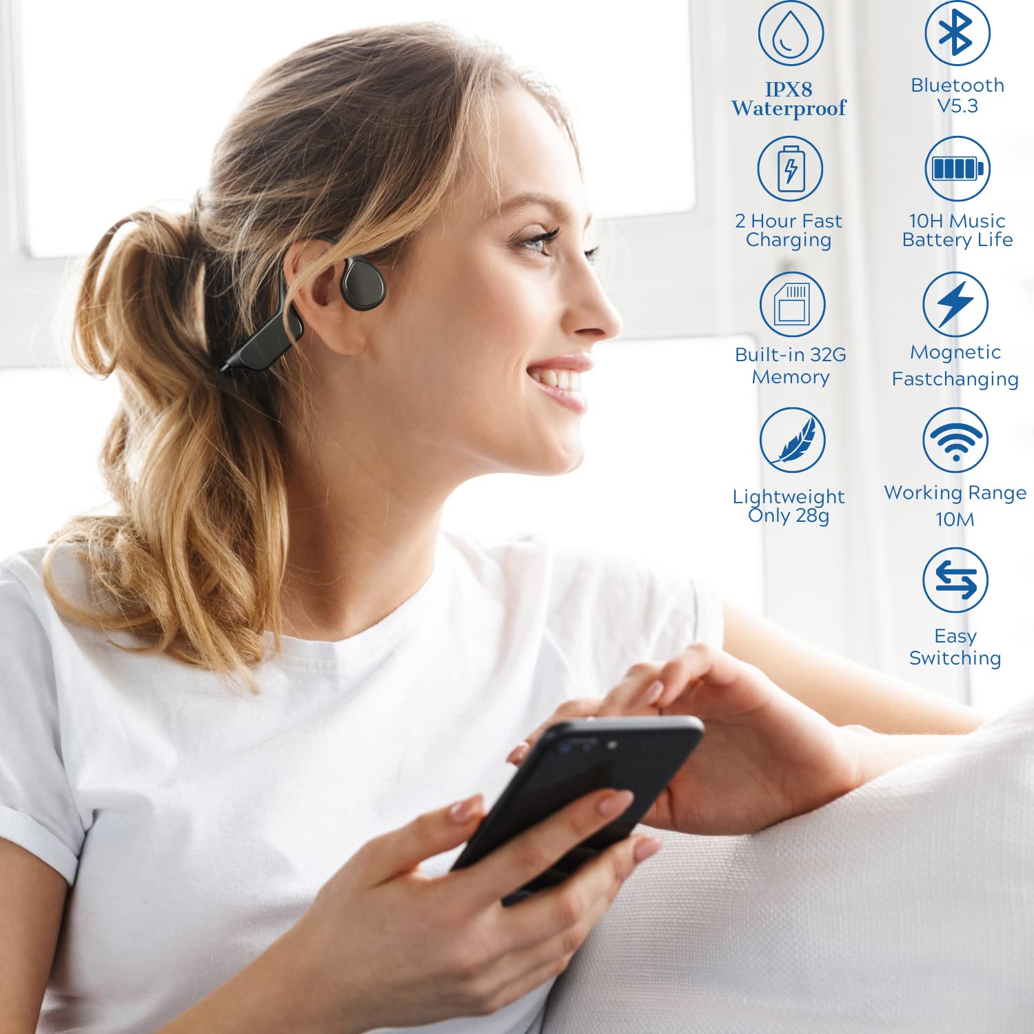 Наушники Crethink Bone Sound для плавания Открытые Bluetooth 5.3 Беспроводные Подводные Наушники IPX8 32G Черные, фото №6