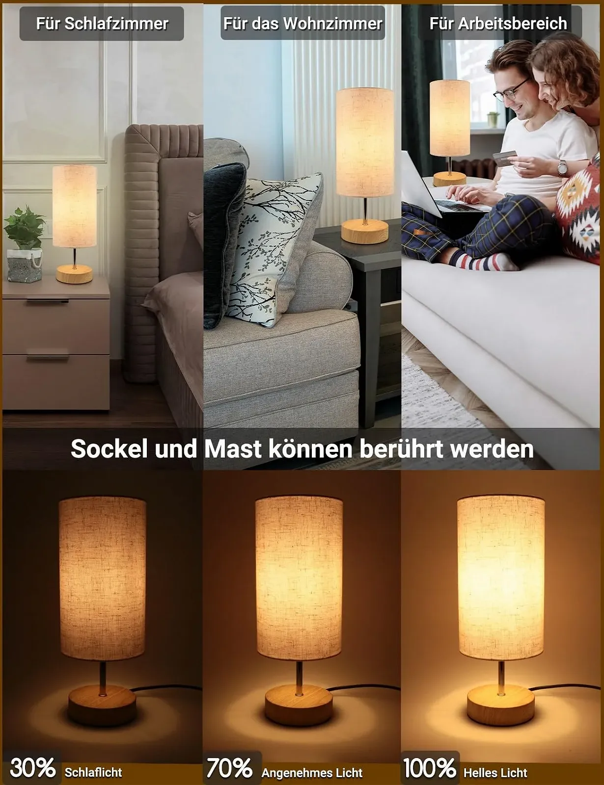 Настільна лампа сенсорна димована 34.5 см 3 рівні яскравості з основою під дерево, фото №2