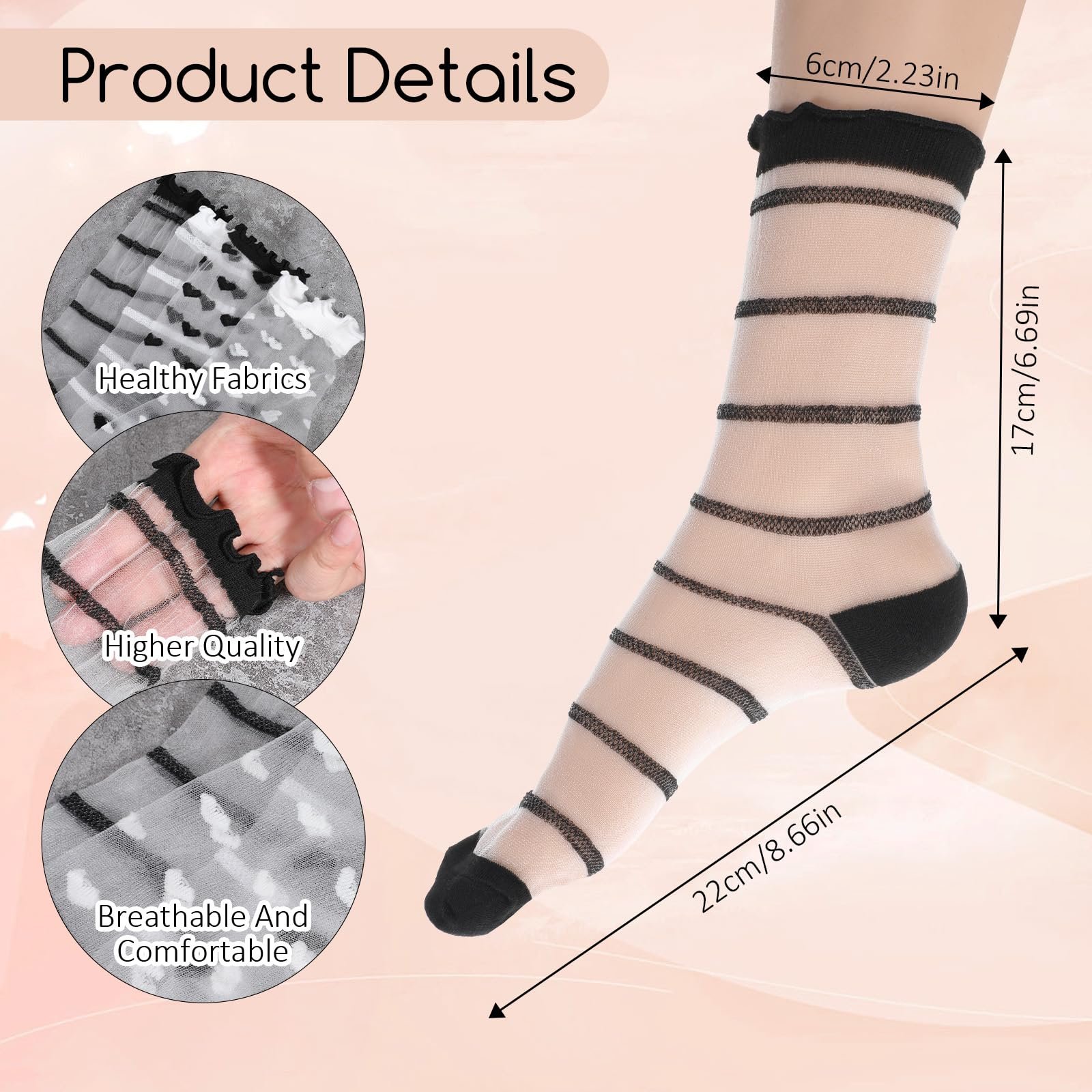 Прозрачные носки 4 пары Кружевные короткие носки Женские ультратонкие сетчатые летние носки до икры для девушек-женщин Универсальный размер Белый + Черный, фото №5