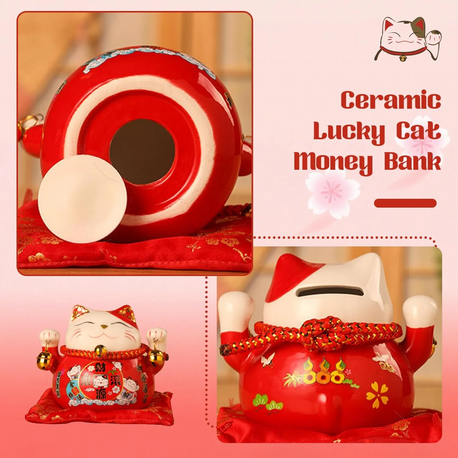 Скарбничка Lucky Cat Керамічна 4,5 дюйма Помаранчева, фото №3