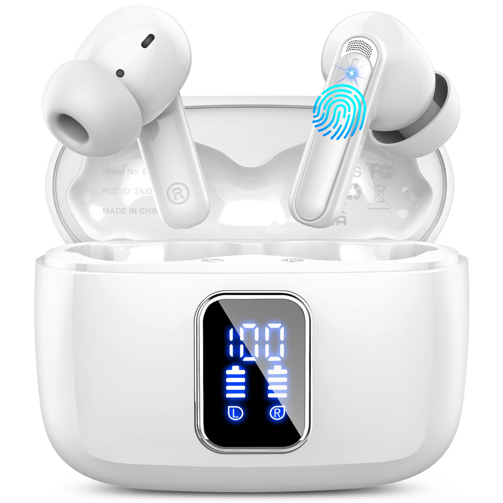 Bluetooth Наушники Модель 2024 Беспроводные Вкладыши с 4 ENC Noise Cancelling Микрофонами 48H Глубокий Бас IP7 Водонепроницаемые с LED Дисплеем USB-C Белые, фото №1