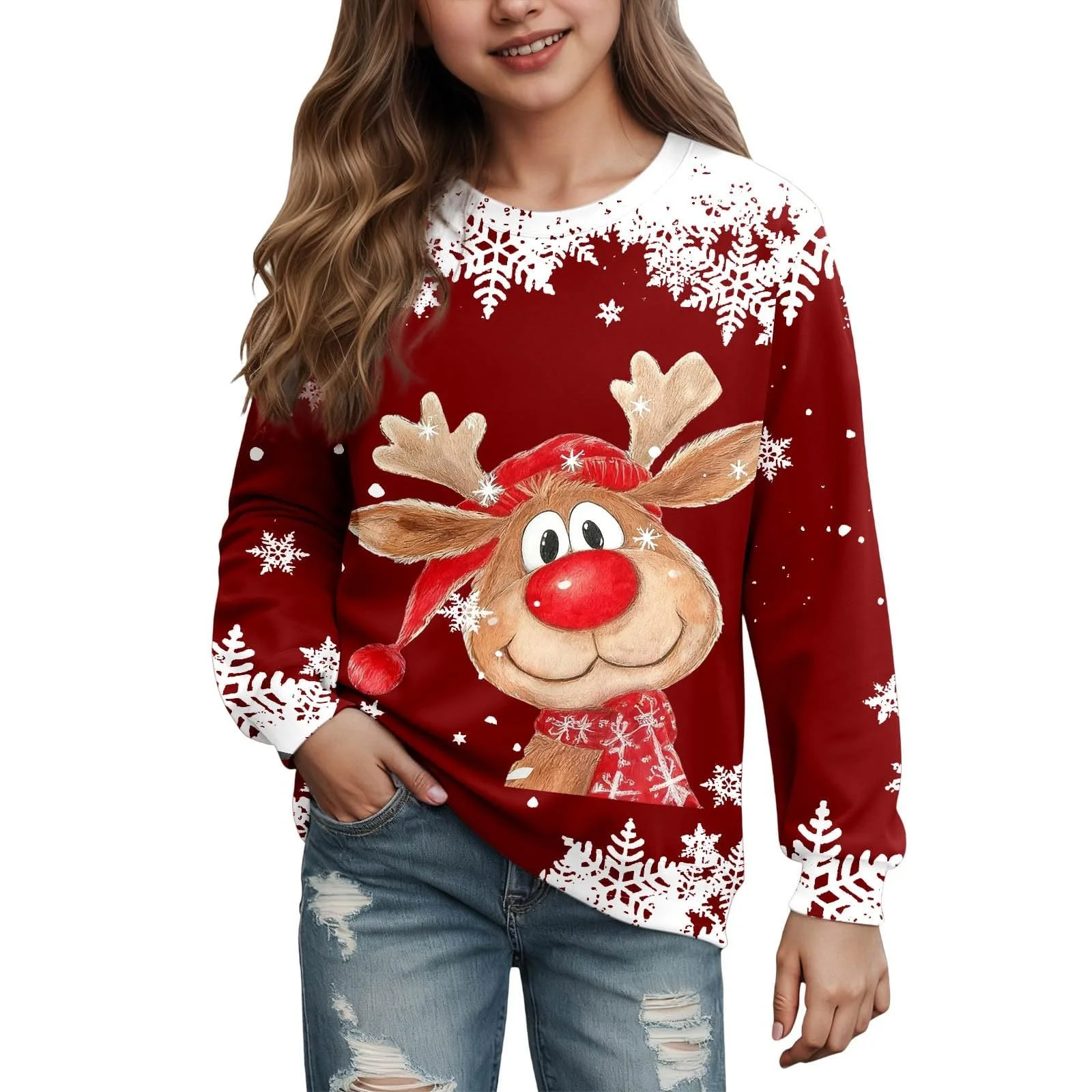 Рождественский свитер Детский Рождественский свитер с забавным рисунком Круглый вырез Длинный рукав Рождественская тематика, фото №1