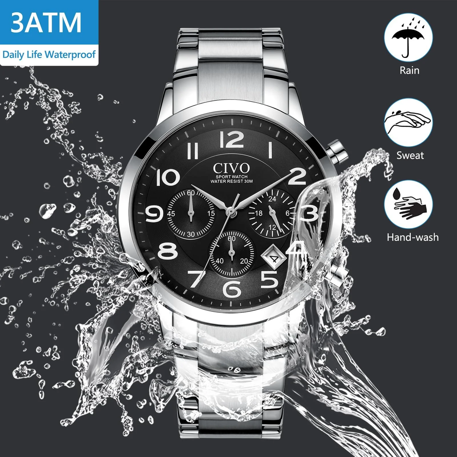 Цифровий спортивний військовий годинник CIVO для чоловіків, великі цифри, водонепроникний до 50 м, фото №9