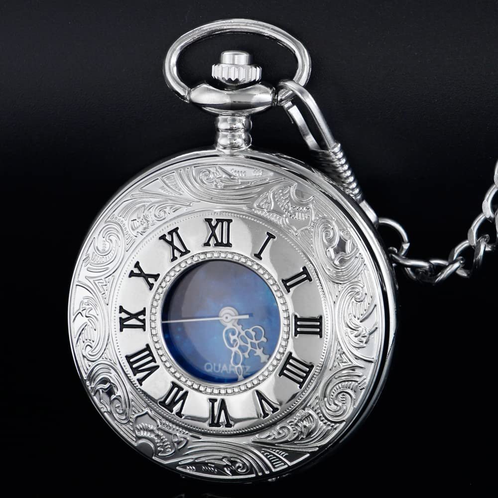 Кишеньковий годинник Tiong Hollow Blue Star Design з римськими цифрами, кварцовий з ланцюжком, фото №5