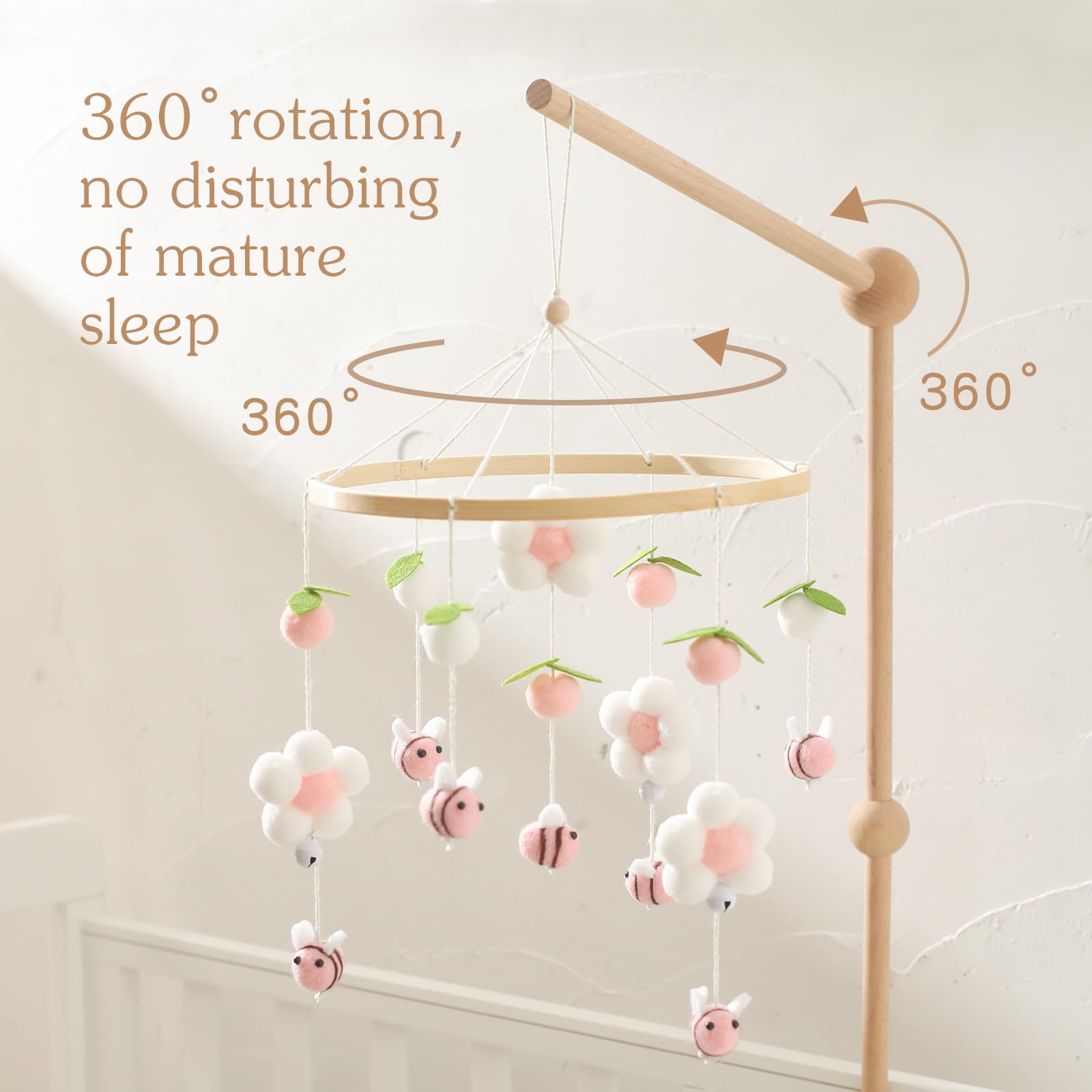 Мобиль Bee Blossom Baby Mobile Baby Bed, Mobile Changing Table, Mobile Baby Wooden Wind Chime, Mobile Baby Wind Chimes with Felt Balls, Baby Wind Chime Nursery Decoration, Newborn Gift Baby (розовый), фото №6