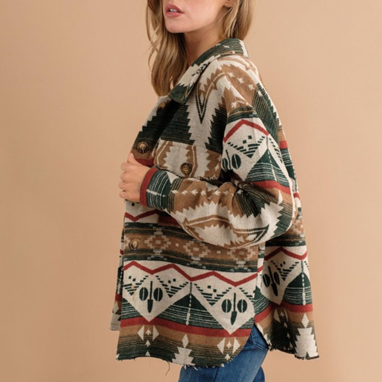 Жіноча куртка в стилі бохо, вінтажний геометричний принт, на ґудзиках, фото №4