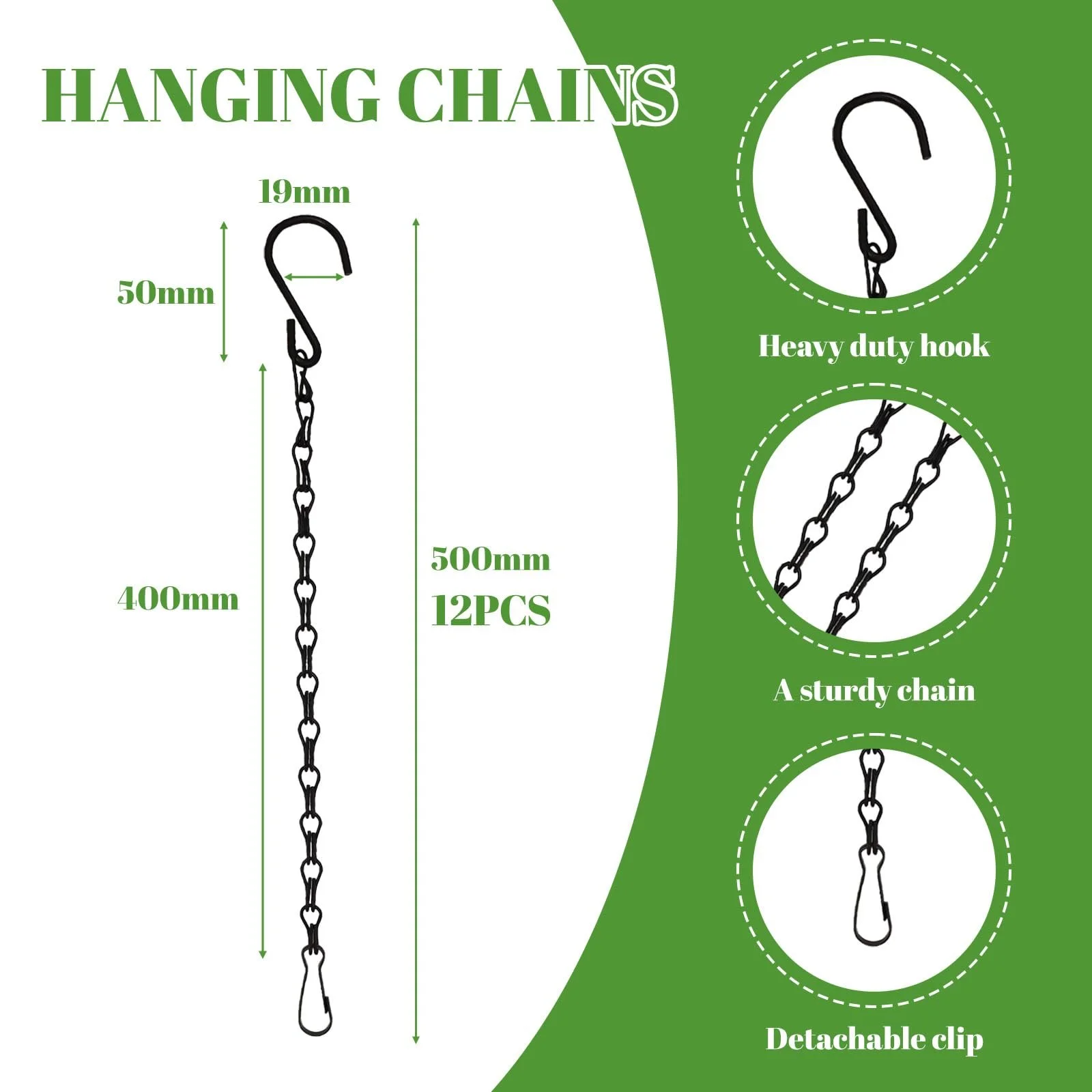 Цепи для подвесных корзин с крючками 50 см набор из 12 шт. черный, фото №2