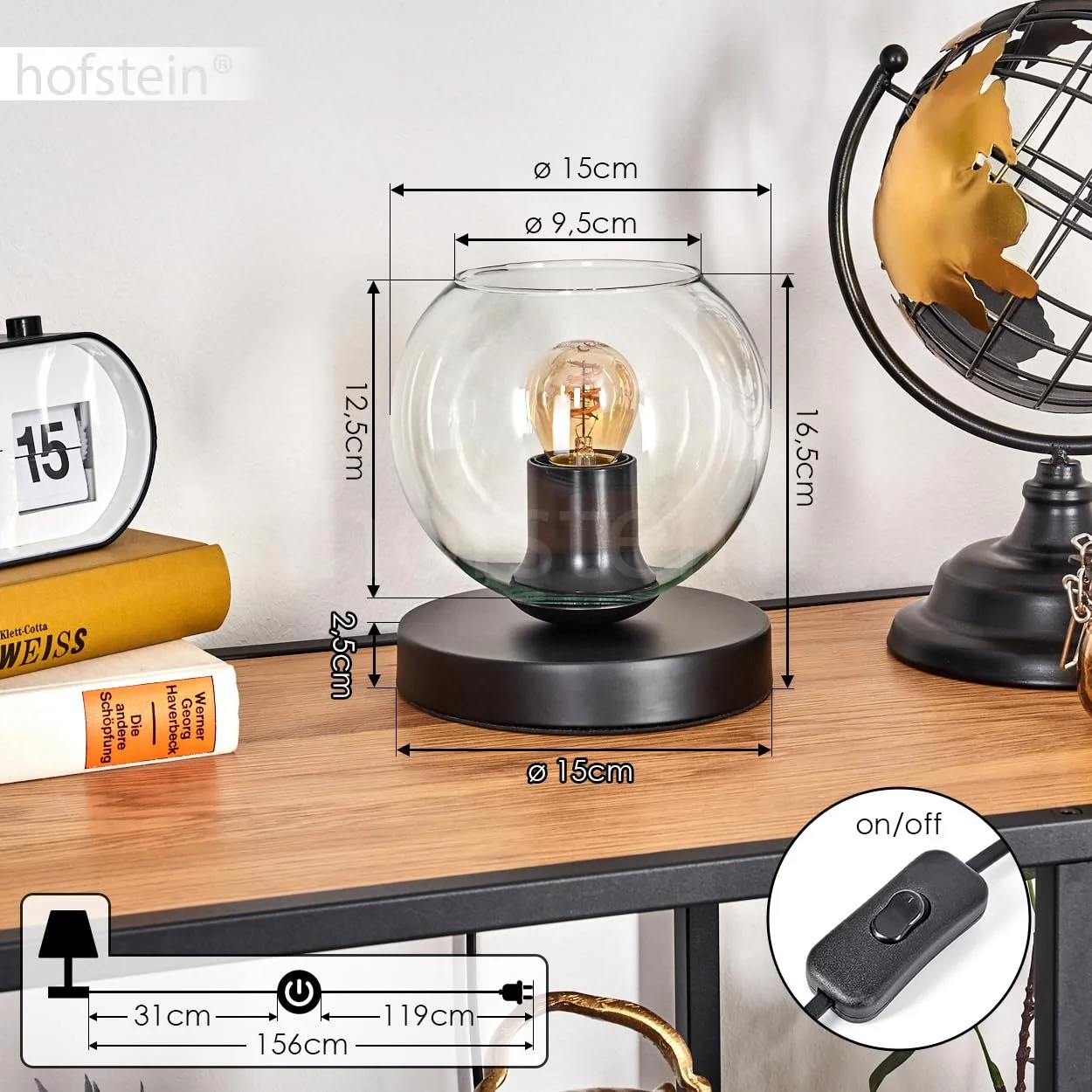 Настільна лампа HOFSTEIN Koyoto Metal/Glass Modern 15 см E27 Black/Clear, фото №5