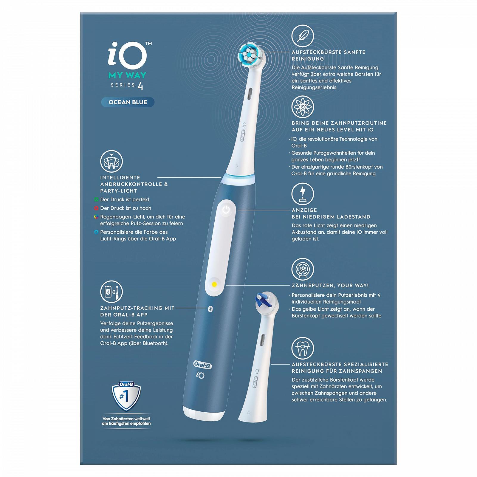 Електрична зубна щітка Oral-B iO My Way, від 10 років, 4 режими чищення, додаткова змінна голівка для брекетів, 1 дорожній футляр, Ocean Blue, фото №6