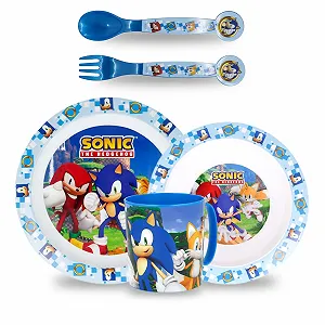 Набор детской посуды Sorrisini Sonic: тарелка, миска для каши, чашка 350 мл, детские столовые приборы - Фото 1