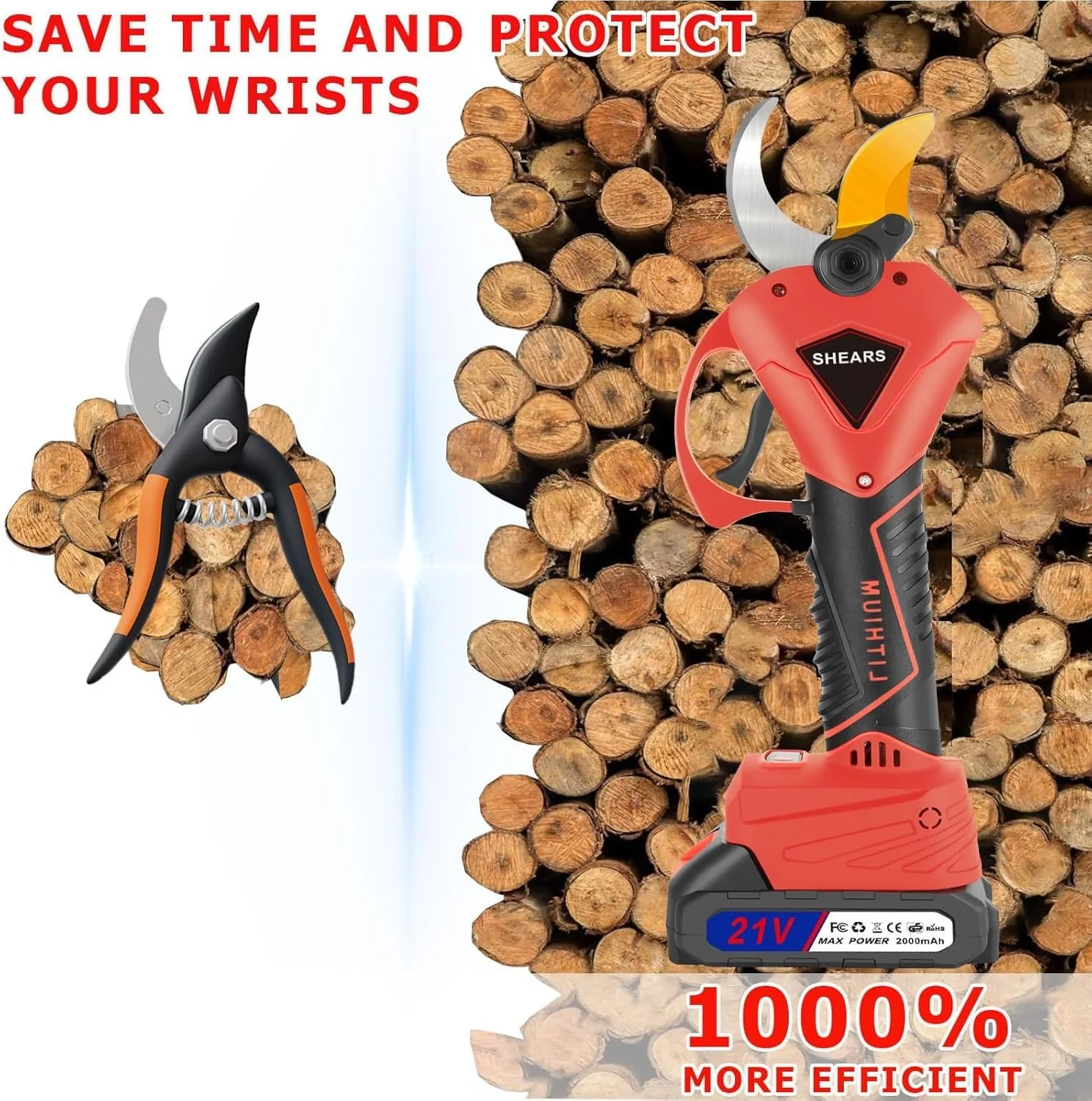 Електричні Секатори Акумуляторні Професійні Max 50 мм, Гострі Леза Sk7, 4000 mAh Садові Ножиці з Дисплеєм, 900 Вт з Безщітковим Двигуном для Садівництва, Фруктових Дерев, фото №6