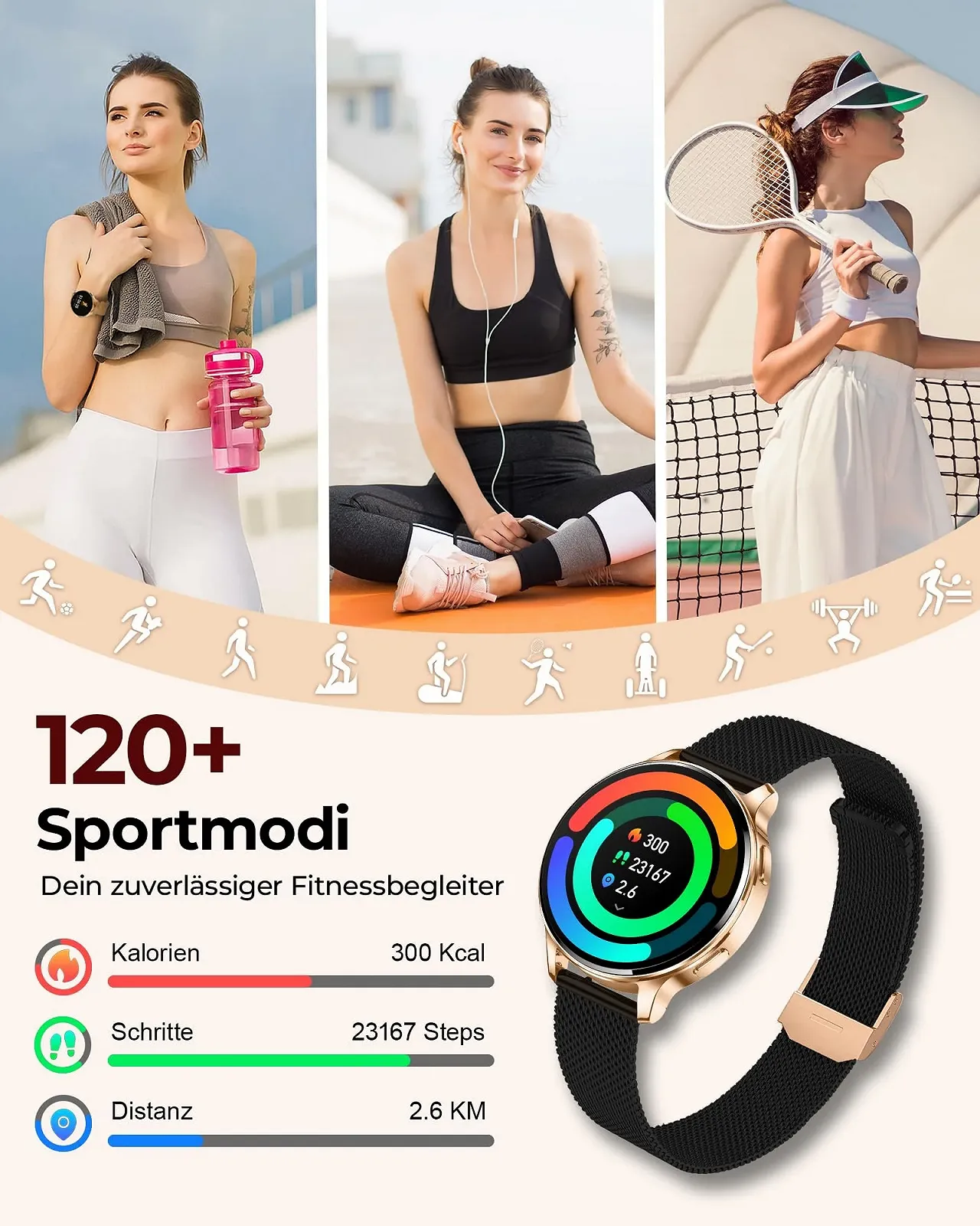 Жіночий Смарт-годинник Круглий Чорний Золотий, фото №6