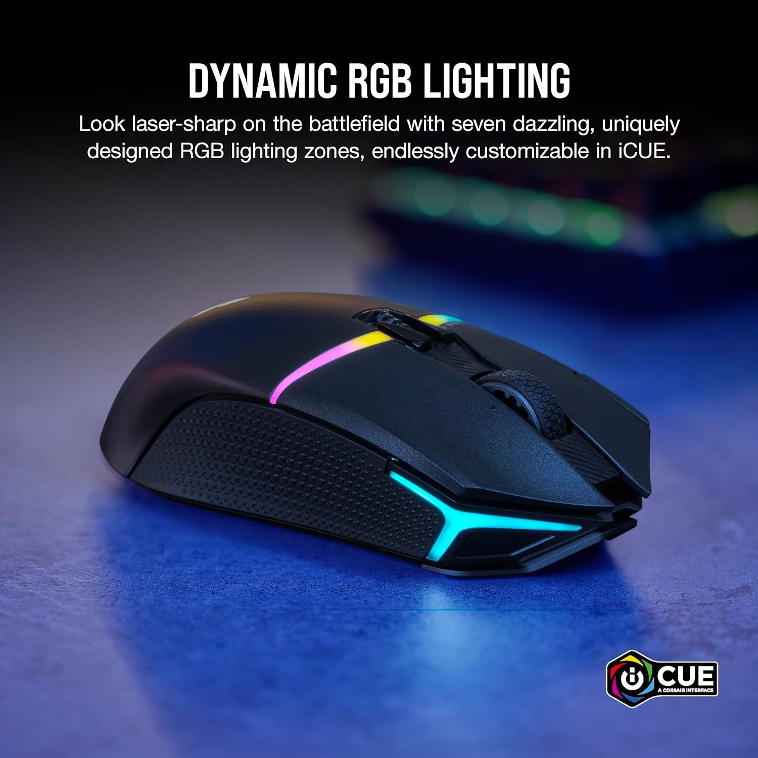 Ігрова бездротова миша Corsair NIGHTSABRE RGB / Bluetooth / Радіоканал / 26000 DPI / 8 кнопок / RGB підсвітка / Інерційне 4Д колесо / Чорна (CH-931B011), фото №7