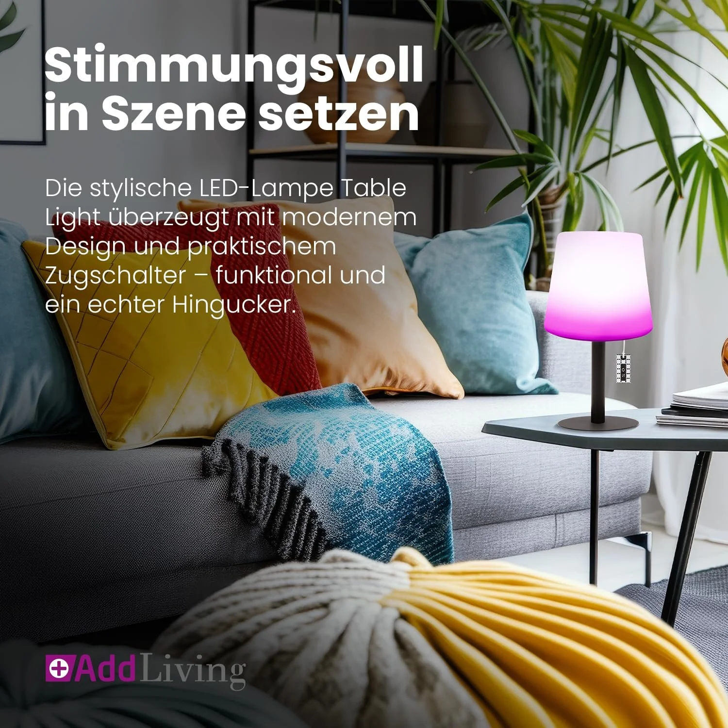 Настільна лампа AddLiving LED Зі шнурковим вимикачем Димуєма Бездротова RGB IP44 Чорна, фото №2