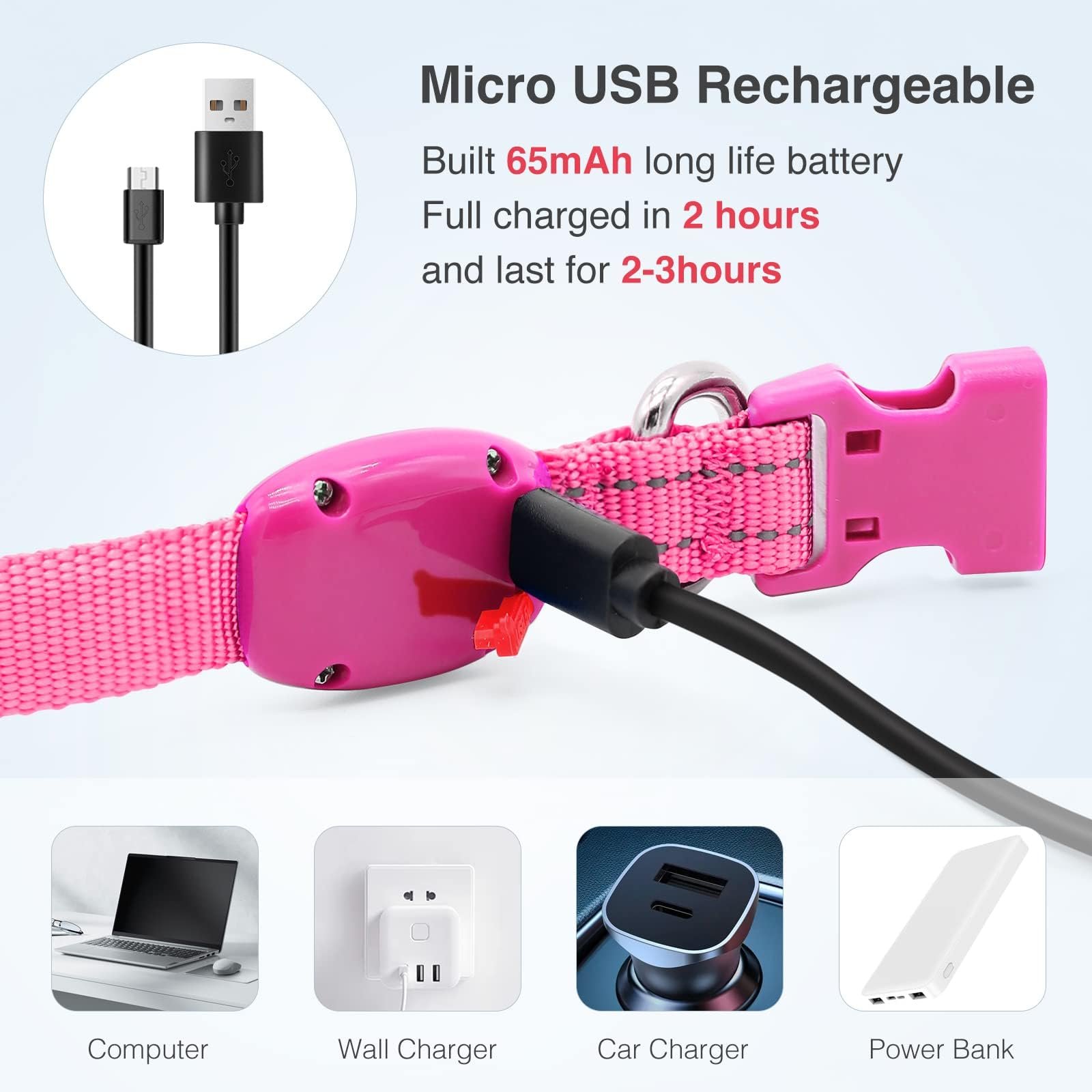 Ошейник светодиодный YFbrite LED Rechargeable Reflective Pink XS, фото №5 Ошейник светодиодный YFbrite LED Rechargeable Reflective Pink XS, фото №5