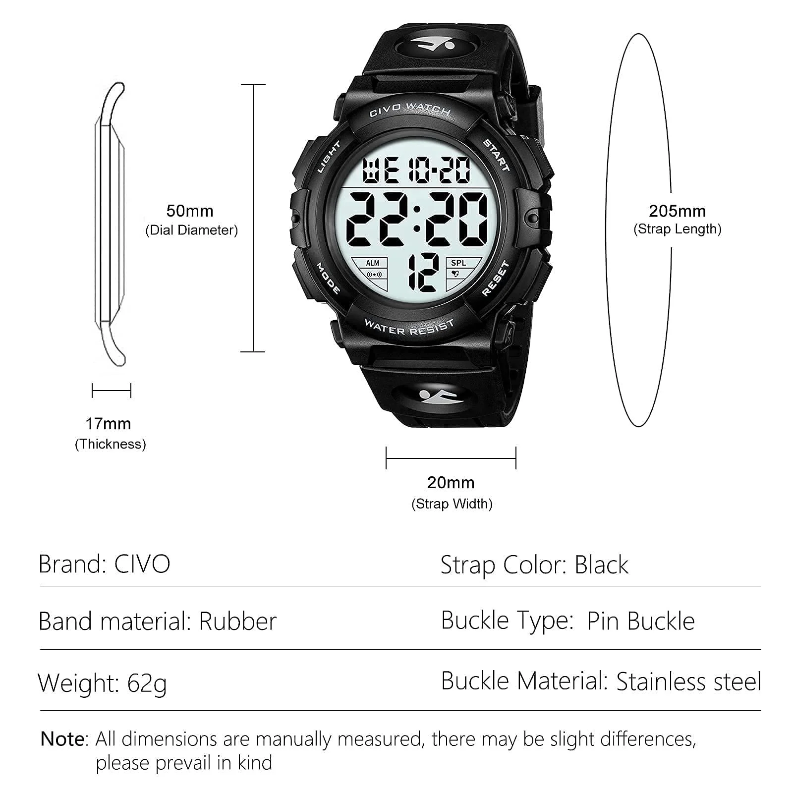 Цифровий спортивний військовий годинник CIVO для чоловіків, великі цифри, фото №6 Цифровий спортивний військовий годинник CIVO для чоловіків, великі цифри, фото №6