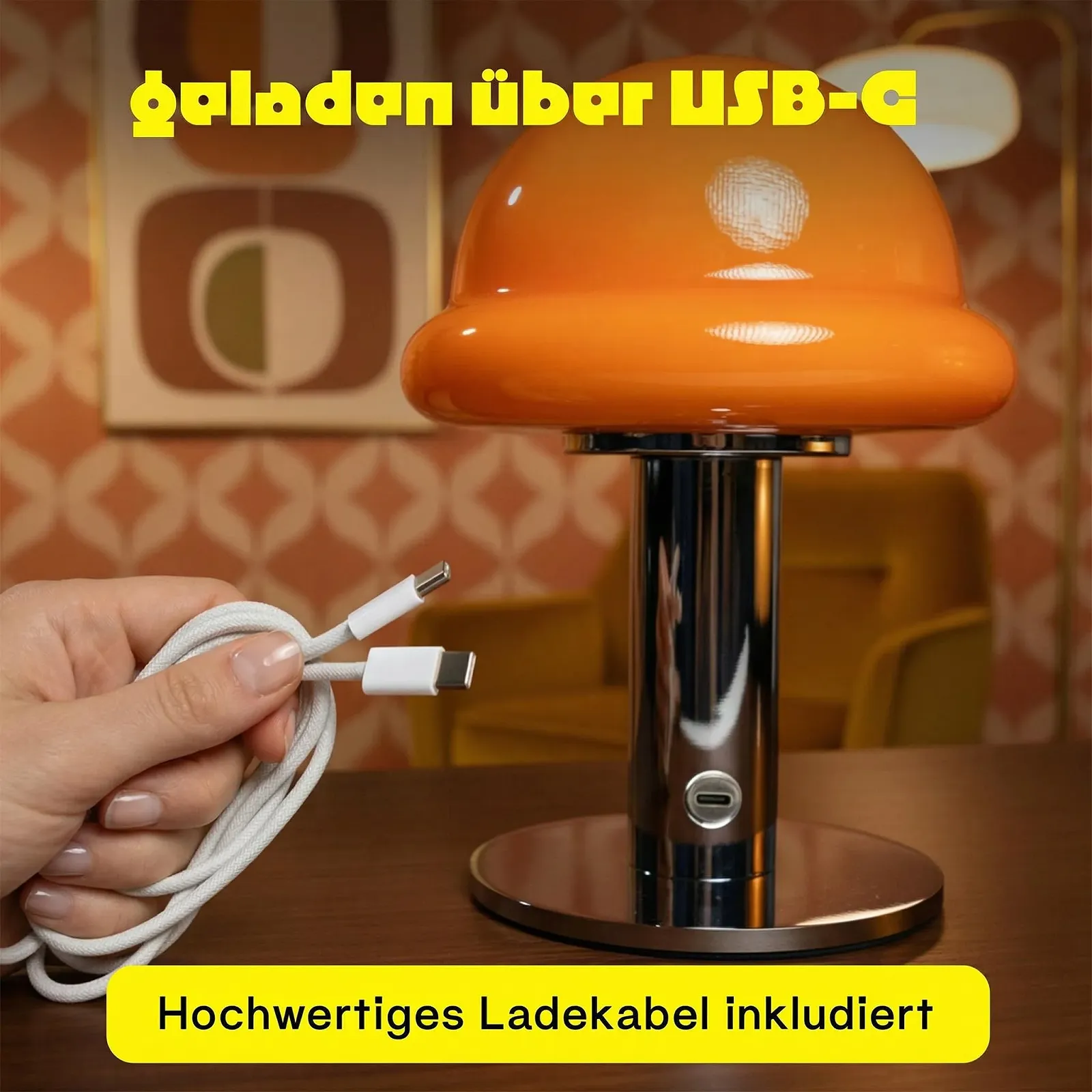 Настольная лампа Mushroom беспроводная LED с регулировкой яркости USB-C оранжевая, фото №6