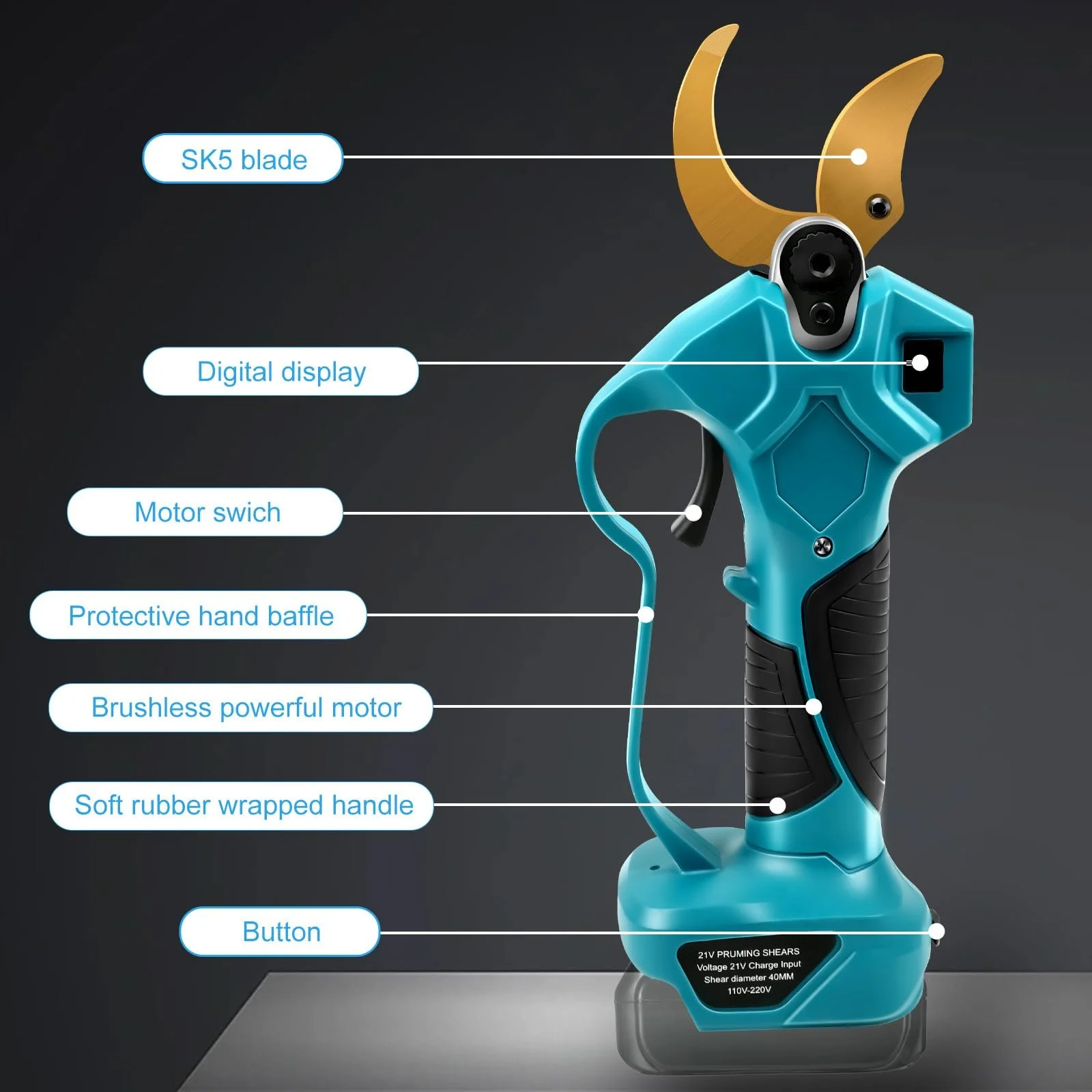 Секатор акумуляторний, Max 65 мм (діаметр різання), сумісний з Makita 18 V, з безщітковим мотором, LCD дисплей (без батареї), фото №7