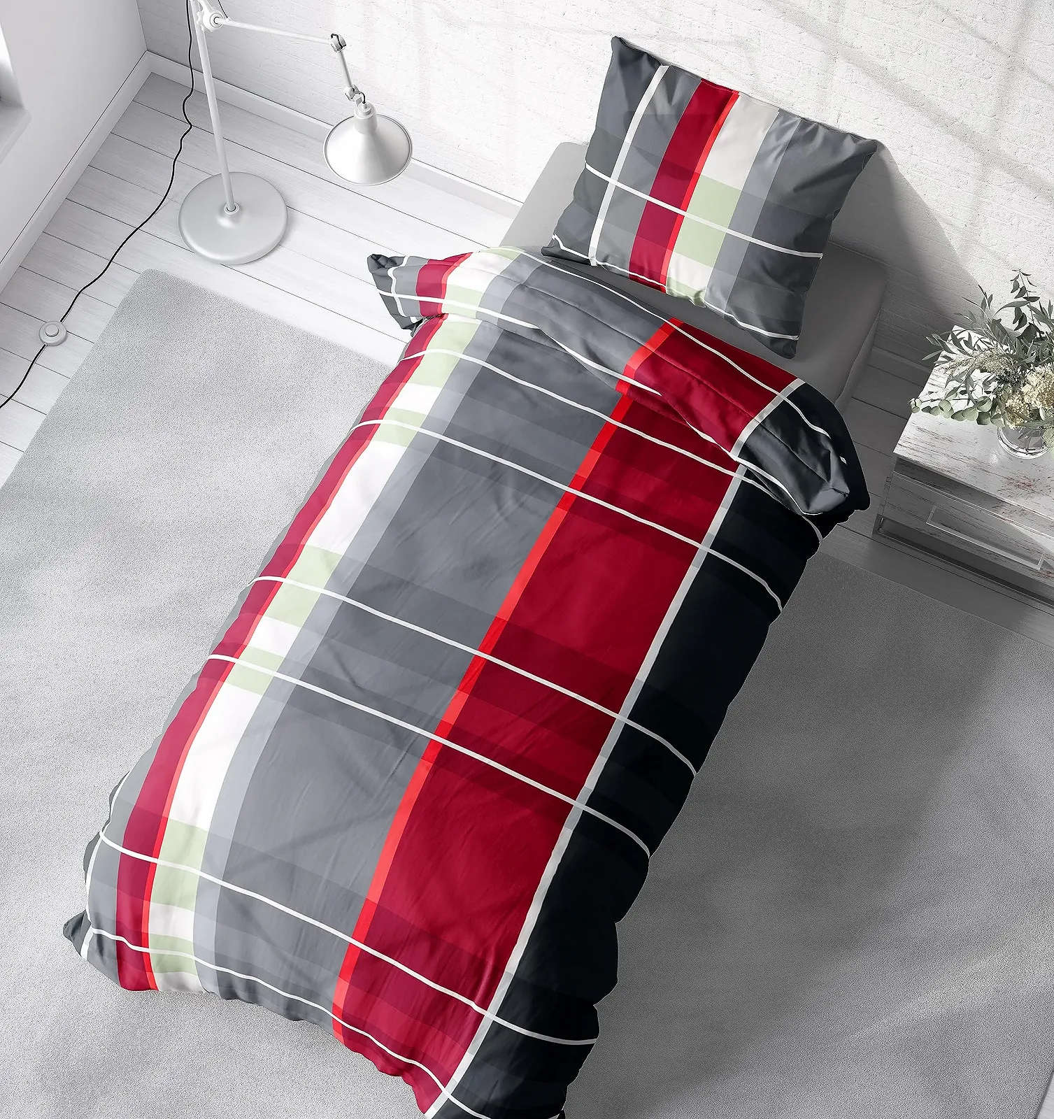 Комплект постільної білизни з мікрофібри one-home 2 предмети на блискавці 135 x 200 см червона клітинка, фото №4