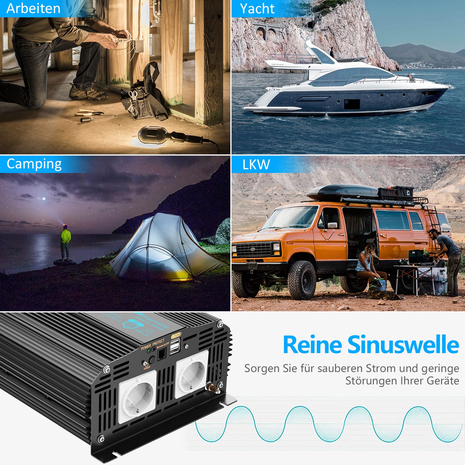 Інвертор GIANDEL Pure Sine Wave 2000 Вт 12 В до 230 В з магнітним кільцем чорний, фото №4