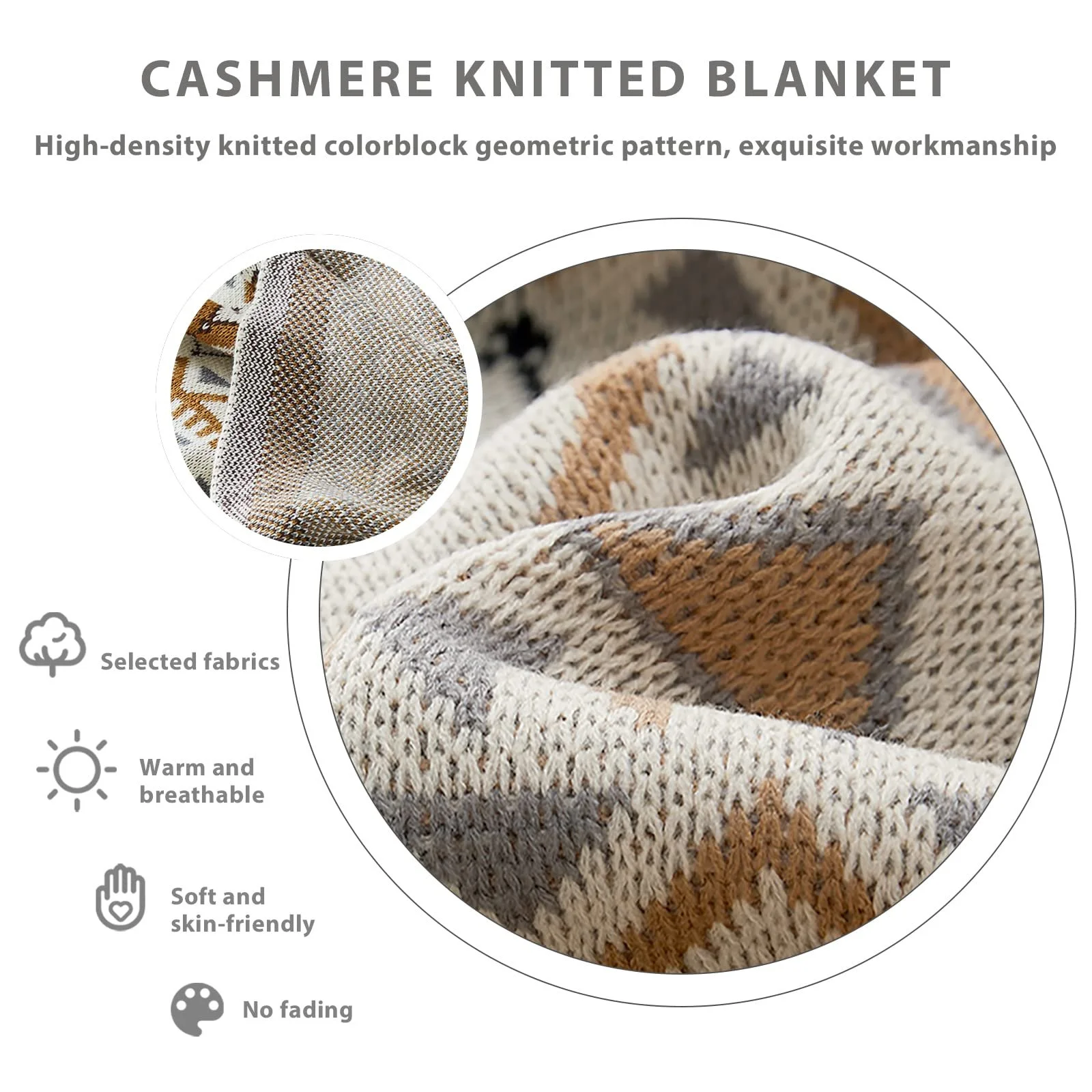 Вязаний плед LumiSyne в Богемному етнічному стилі з геометричним візерунком і бахромою, 170 x 130 см, фото №3