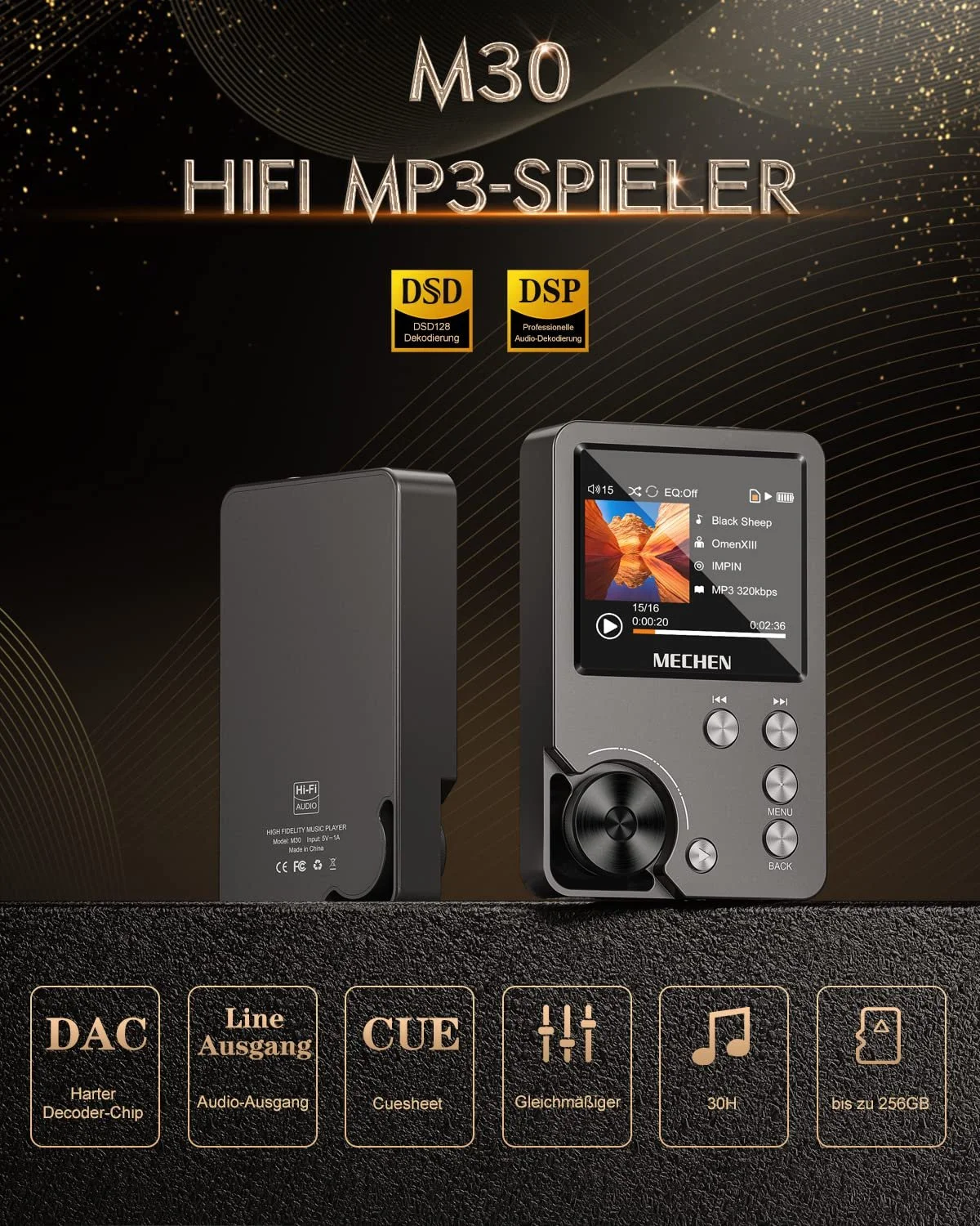 MP3 плеер MECHEN M30 Hi Res, DSD FLAC DAC CUE, аудио высокого разрешения, HiFi цифровой звук, портативный DAP с картой памяти 64GB, серый, фото №2