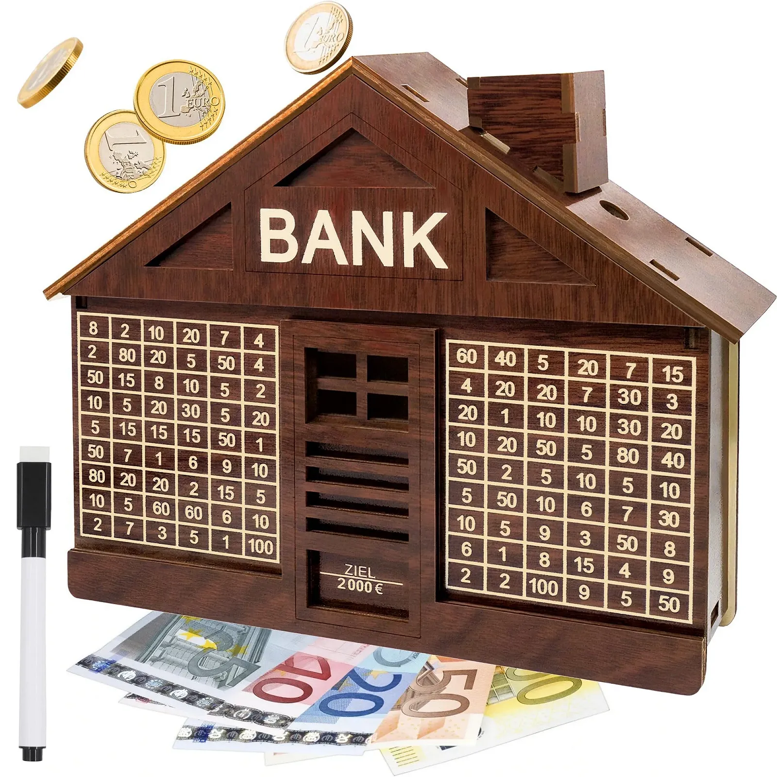 Скарбничка дерев’яна з цифрами та лічильником до 2000 € з маркером, фото №1