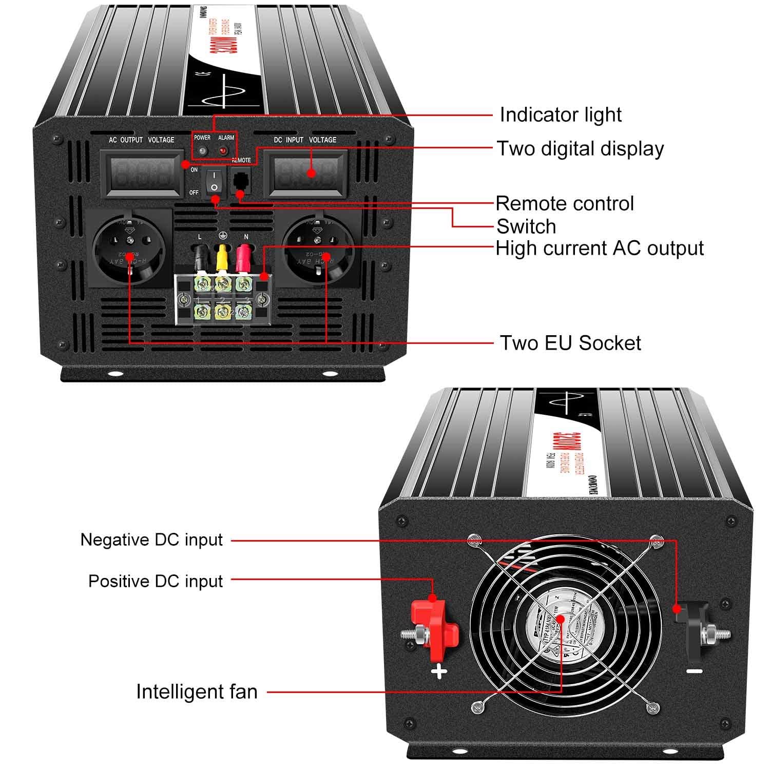 Инвертор Xijia Мощность 3200 Вт (Пиковая 6400 Вт) Чистая синусоида DC 12 V 24 V 48 V AC 220 V 230 V 50 Hz Солнечный Черный, фото №3